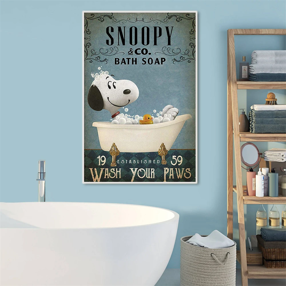 Snoopy Bath Soap Wash Your Paws Poster Vintage Wall Art Funny Picture Canvas Painting Print for Kids Bathroom Home Decor Cuadros