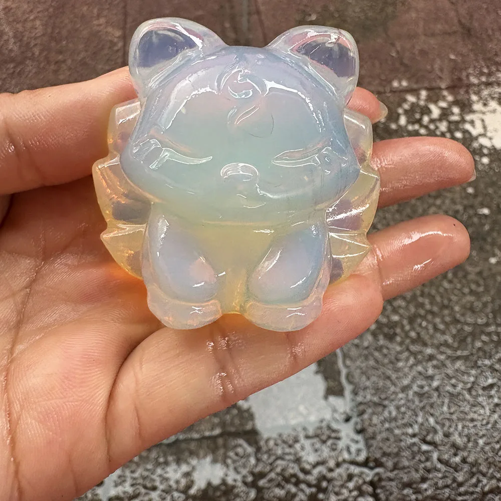 Custom Handcrafted Synthetic Opalite Nine-Tailed Fox Figurine - Detailed Gemstone Nine-Tailed Fox Statue Collectible Home Decor