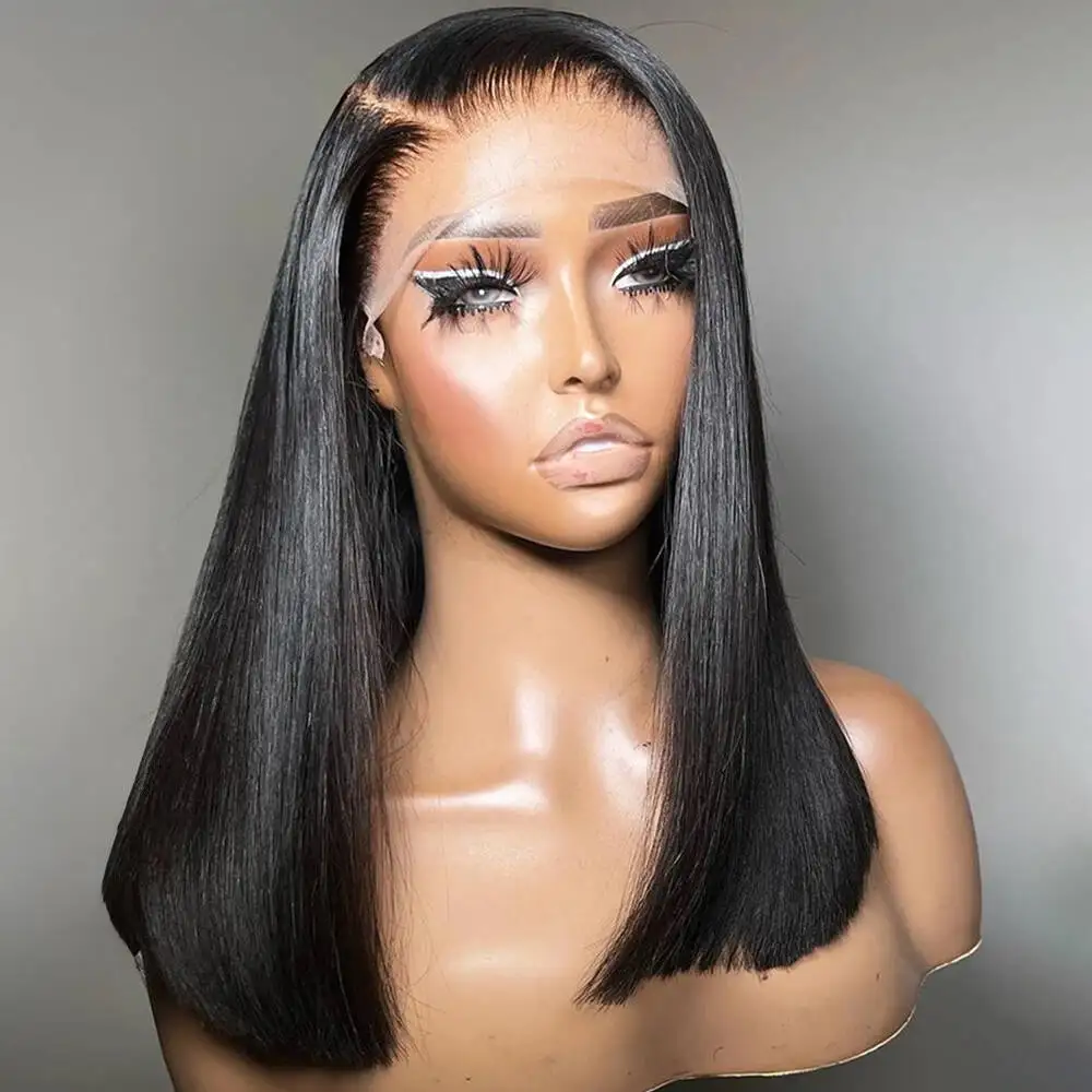 Wig Bob pendek lurus 16 inci rambut manusia Virgin brasil 13x4 Wig Frontal renda telah ditanami dengan rambut bayi 4x4 Wig penutupan renda