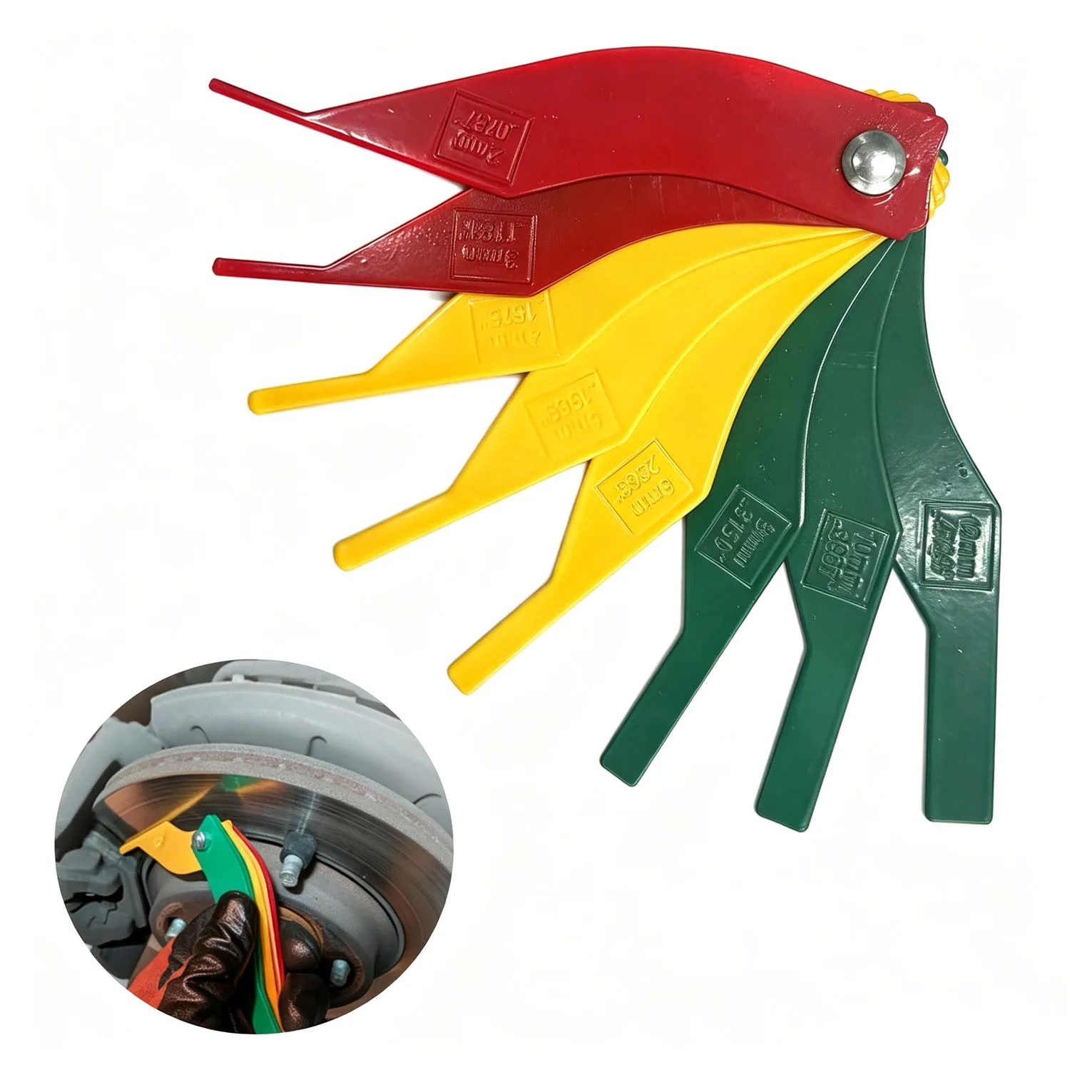 Brake Lining Thickness Gauge, Brake Pad Measuring Ruler Tool, Color Coded Brake Pad Gauge with Metric & SAE Size, Brake Resetting Gauge Tool for Quickly Measuring Disc and Drum
