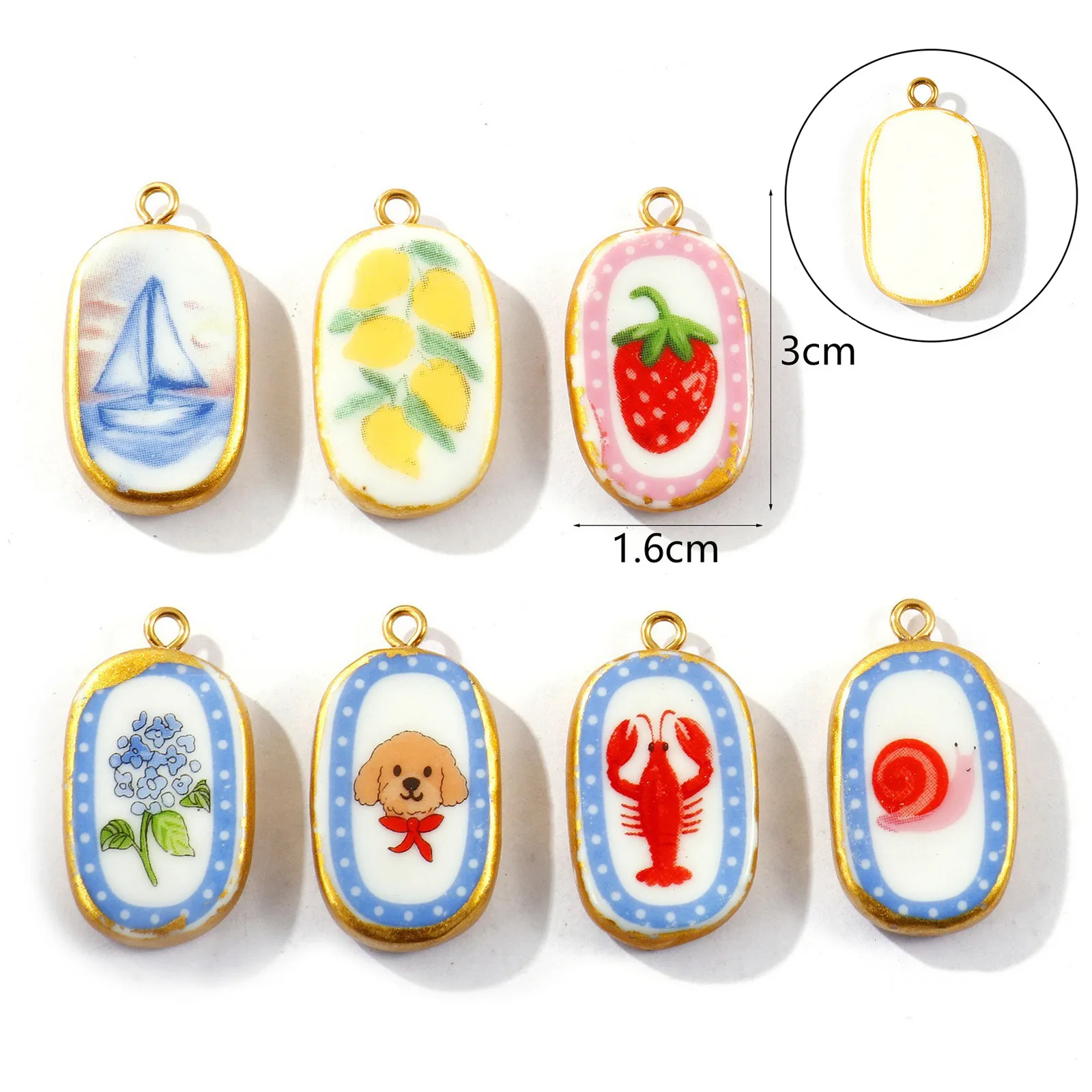 2Pcs Single side Ceramic Pendants Oval Printed Lobster Strawberry 304 Stainless Steel 18K Gold Plated DIY Necklace 3x1.6cm