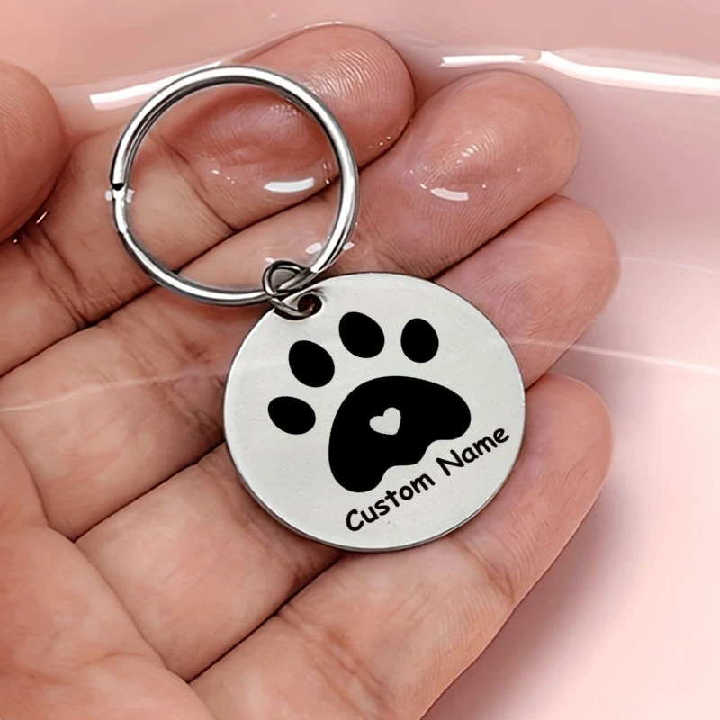 Porte-clés personnalisé en acier inoxydable avec motif de patte de chien ronde, étiquette d'identification pour animal de compagnie gravée au laser