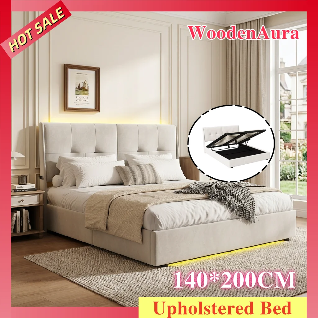 WoodenAura Cama tapizada de 140 x 200 cm con bolsillos laterales de almacenamiento, sistema de elevación hidráulico, somier de láminas, iluminación LED, terciopelo beige