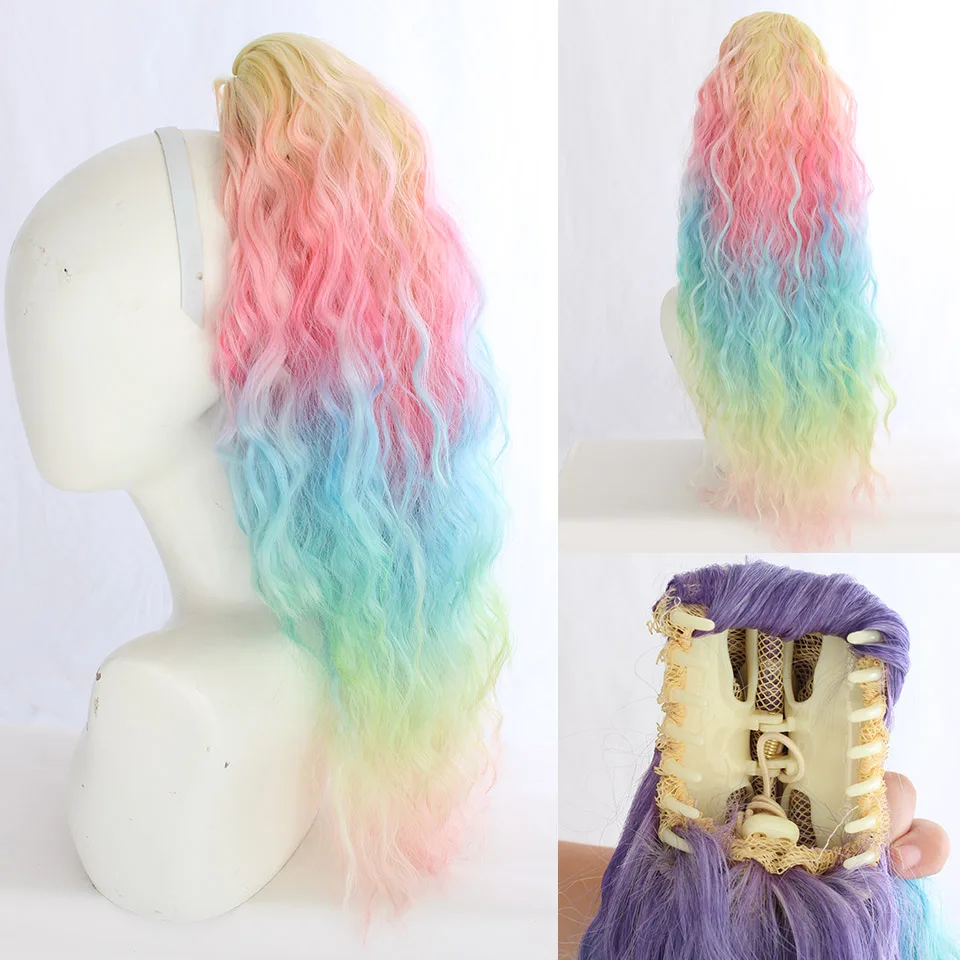 

Long Curly Ponytail Hair Extensions Water Wave Heat Resistant Fiber Rainbow 24" 150g Colored Pony Tail Hair Pieces For Women