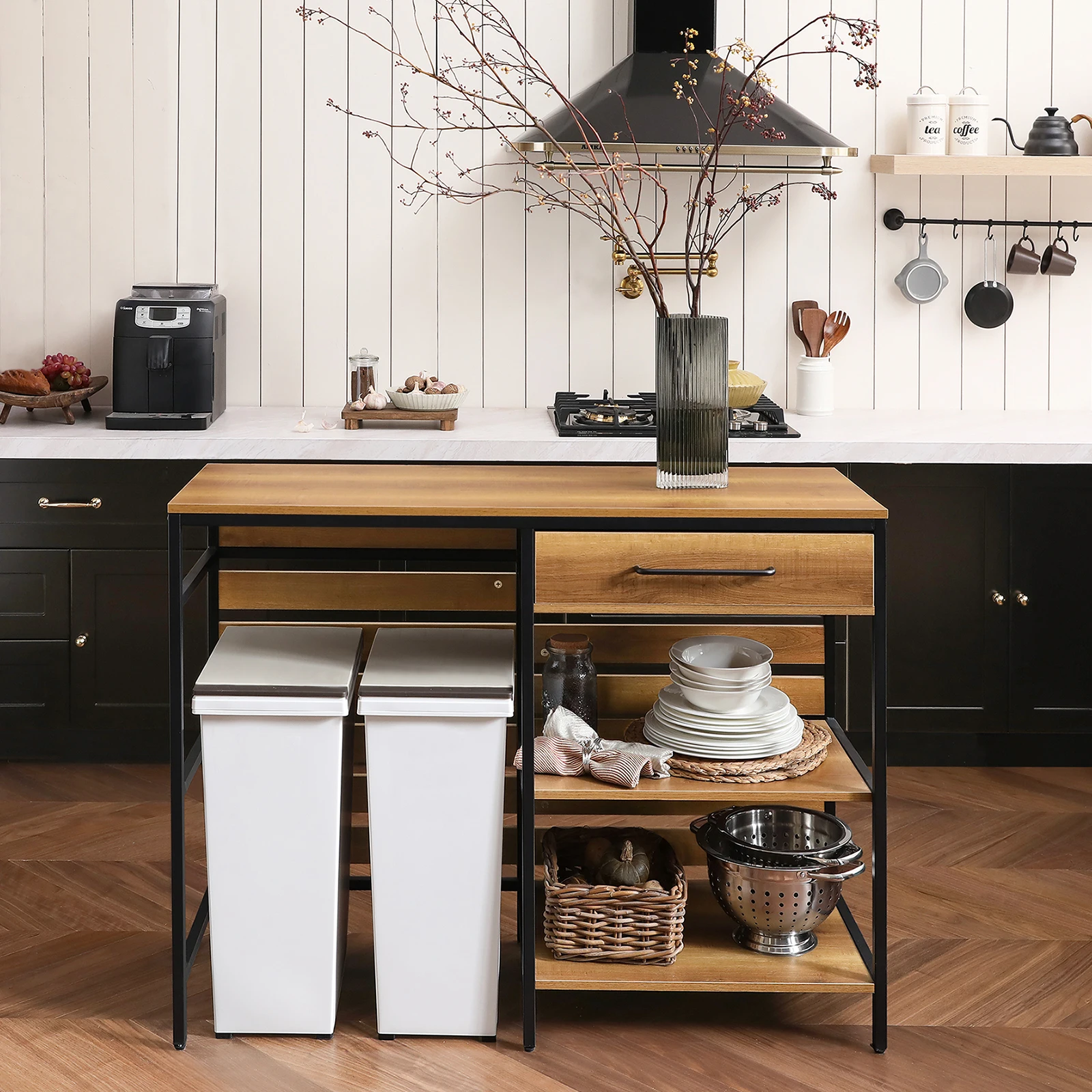 Armario de cocina con estantes abiertos 120x90x45cm SoBuy FSB71-PF Carro de cocina con plato carrito para servir con rodillo y cajón