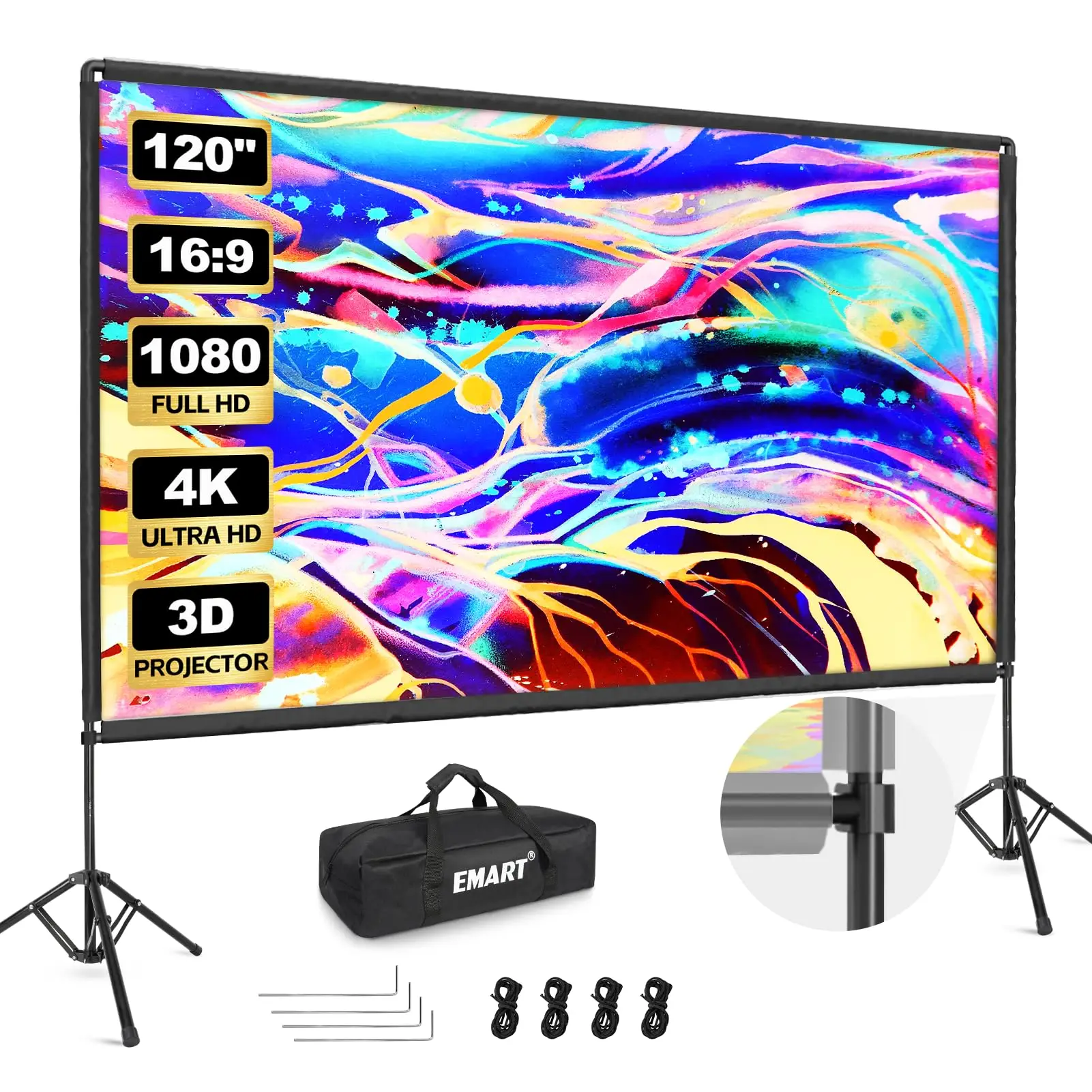

3m Outdoor Projector Screen with Stand Portable Indoor 4K HD Rear Front Movie Screens Foldable Tripod with Carry Bag for Theater