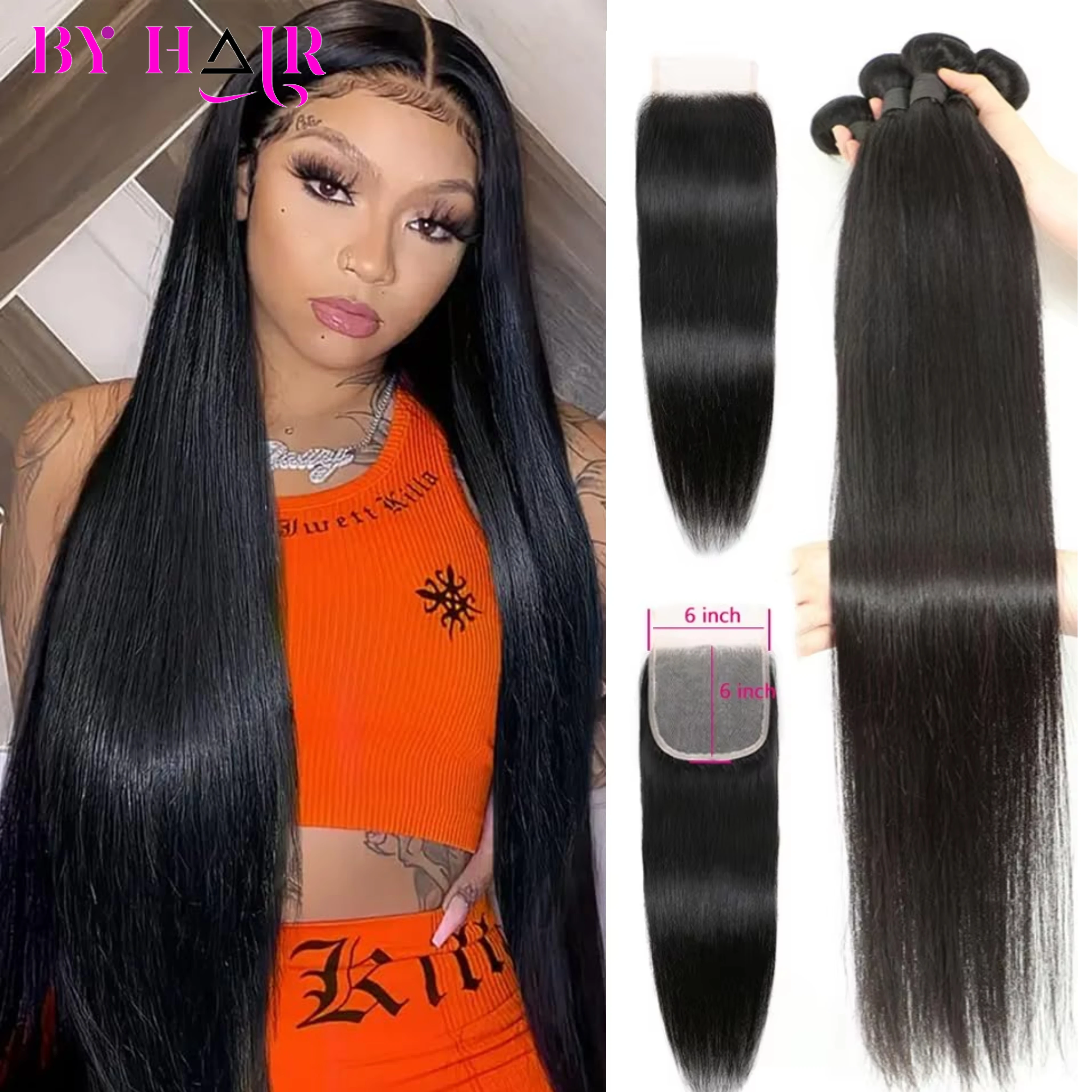 6x6 Closure And Bundles Brazilian Human Hair Weave Bundles With Closure Celie Hair Straight Human Hair 3 Bundles With Closure