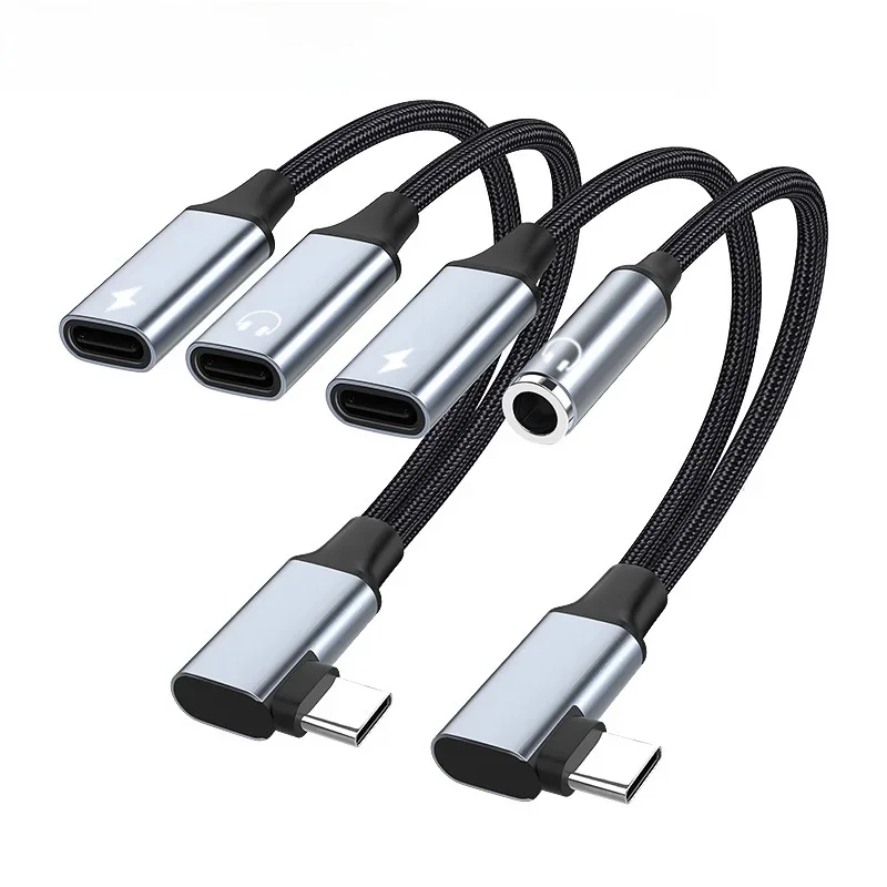 HTDTMTI 2 en 1 90 degrés USB Type C à 3.5MM prise casque Aux 60W chargeur OTG données Microphone câble Audio pour Xiaomi Huawei 3