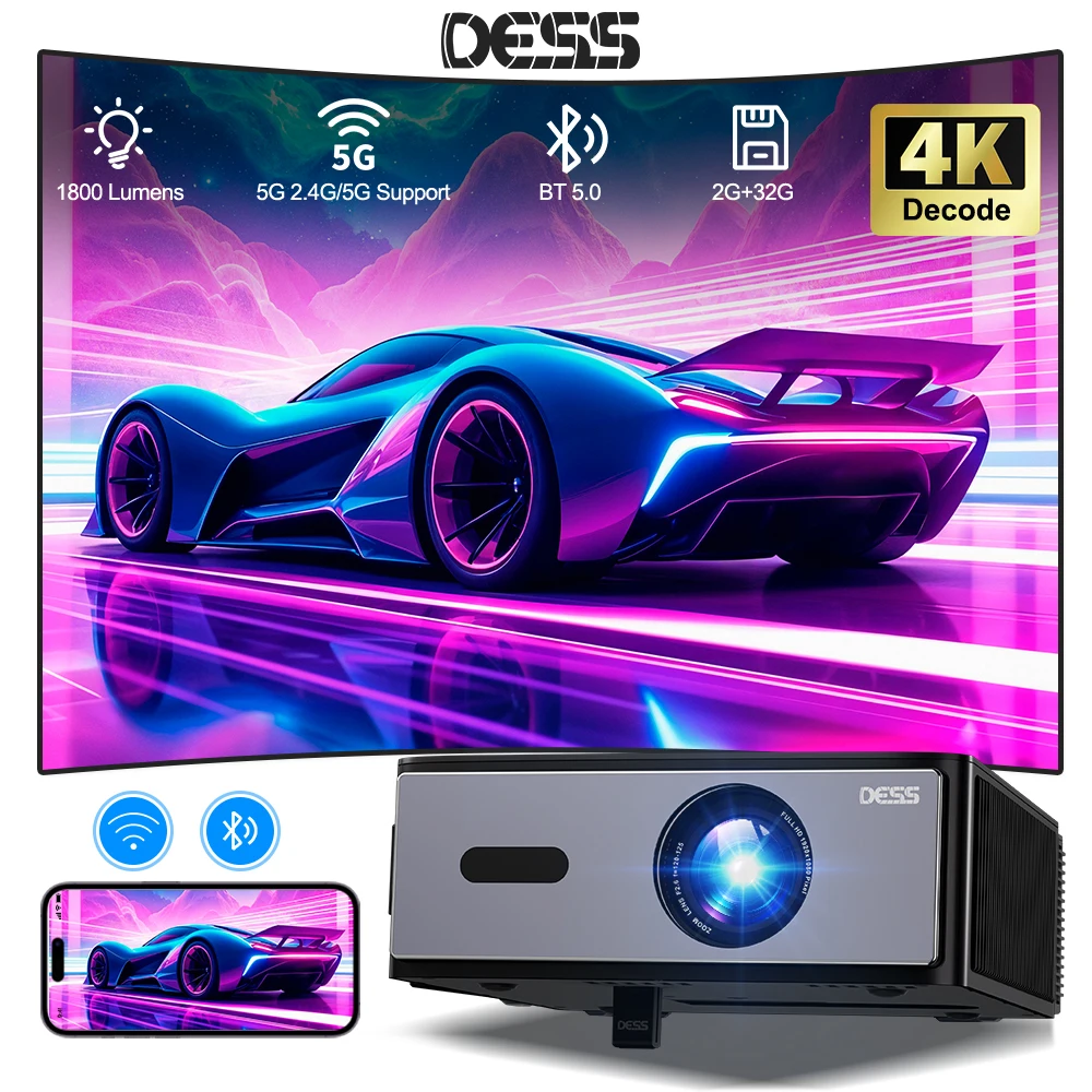 DESS Projector 4k Home Theater Video Dual WiFi Bluetooth Full HD Native 1080P Auto Focus Electric Stand Outdoor Led Projector