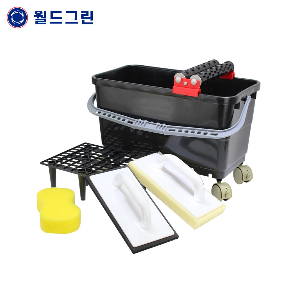 Tile bucket full set (24L square bucket + grout sponge, cleaning sponge, double roller dehydrator, spare sponge, Gritt Gard, 2-inch wheels 4 mouth)