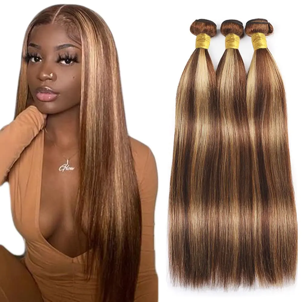 Highlight Straight 3 Bundles P4/27 Brazilian Human Hair Bundles 100% Unprocessed Virgin Straight Human Hair Bundles Piano Color