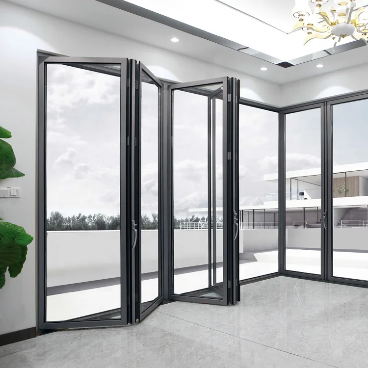 DN Water Proof Exterior Folding Door Thermal Break Aluminum Custom Tempered Glass Bi-Folding Door Metal Accordion Doors