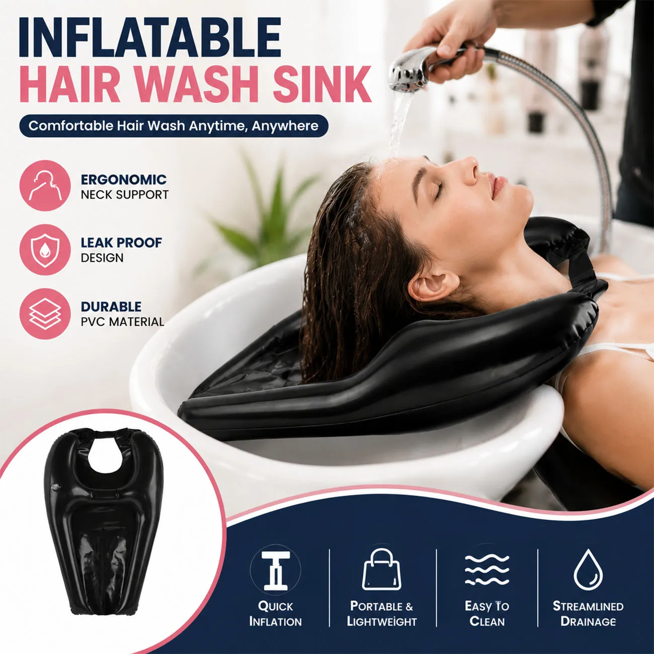 1PC Inflatable Shampoo Bowl, Portable Hair Washing Tray for Bedside and in Bed, Lightweight Shampoo Basin for Elderly, Pregnant