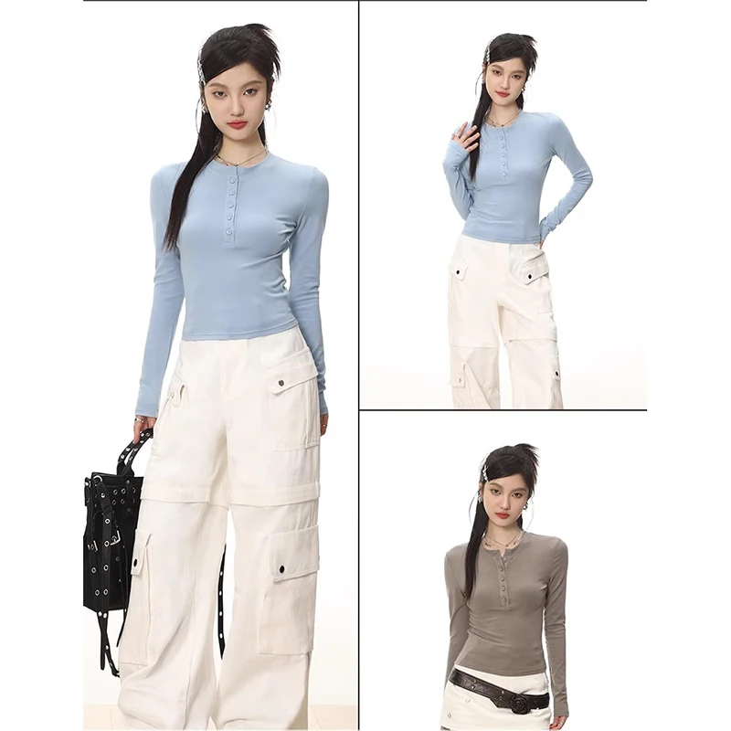 

Solid Color Pullover Commuter Long Sleeve Knitwear for Women Autumn Winter New Gentle Lady Half Open Buckle Simple Sweater