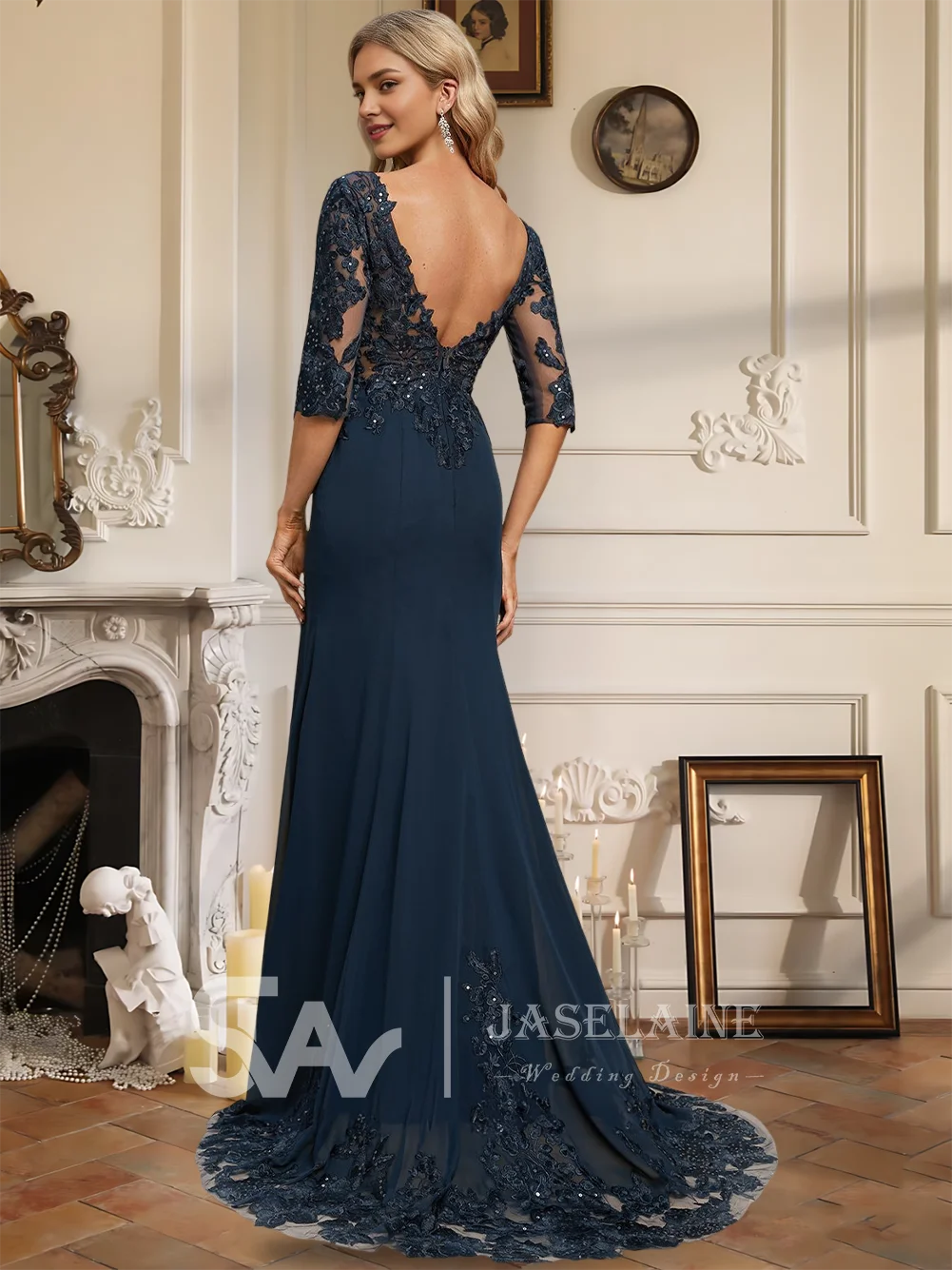 Evening Dress Women's Trumpet Mermaid V-Neck Sweep Train Chiffon Lace Gown Sequined 1/2 Sleeve Summer Formal Prom Wedding Party