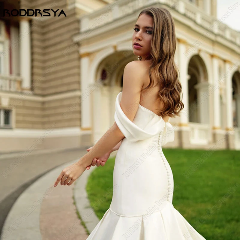 RODDRSYA-vestidos De Novia De sirena para mujer, Vestido De Novia De satén con escote Corazón y hombros descubiertos, ilusión con botones en la espalda -vestidos De Novia De sirena para mujer, Vestido De Novia De satén