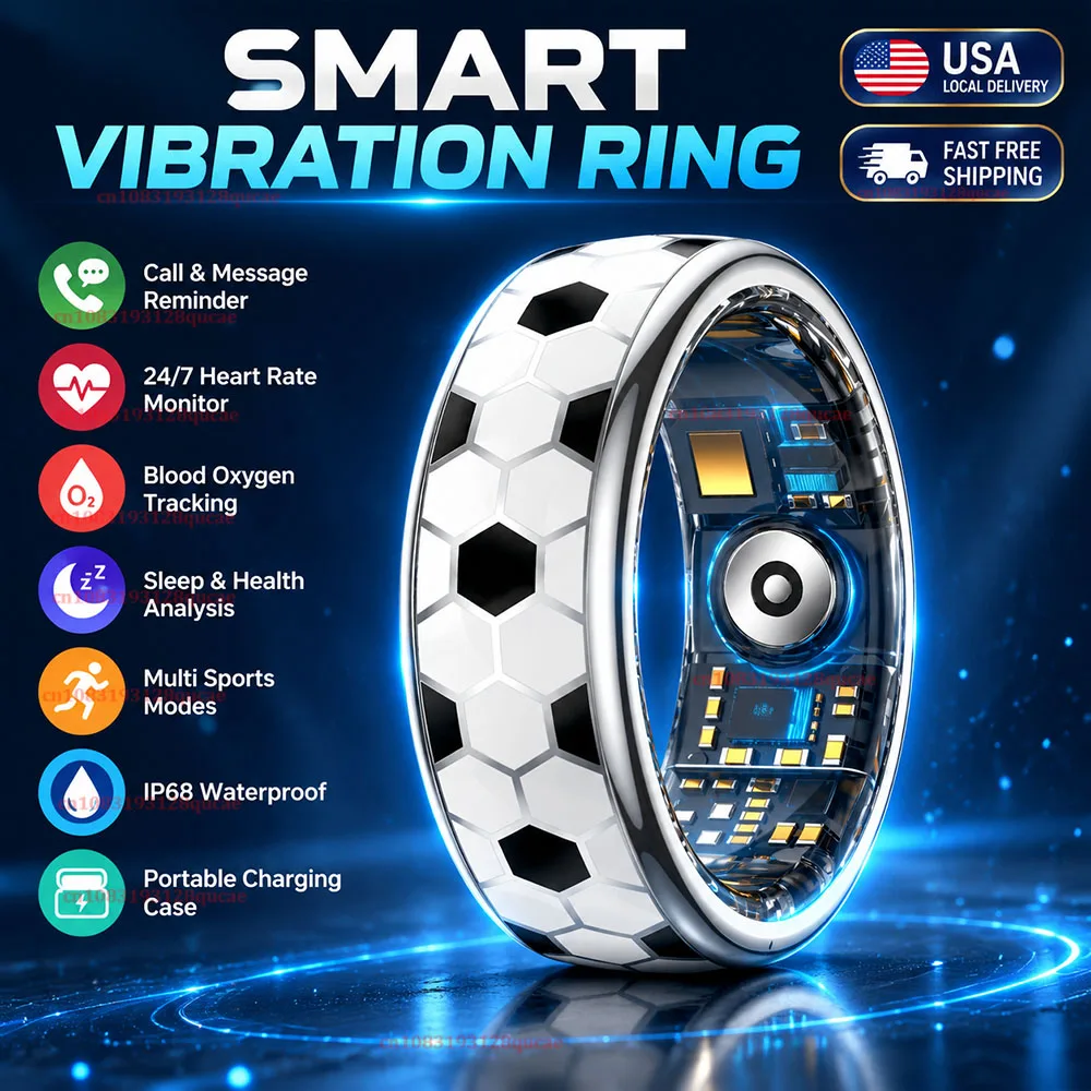 Football Soccer‑Pattern Smart Ring for Men Women, IP68 Waterproof Fitness Ring with Heart Rate SpO2 Sleep Tracking, Vibration Call Message Alert, Gesture Remote Photo & Swipe Video, Bluetooth 5.2 Smart Ring