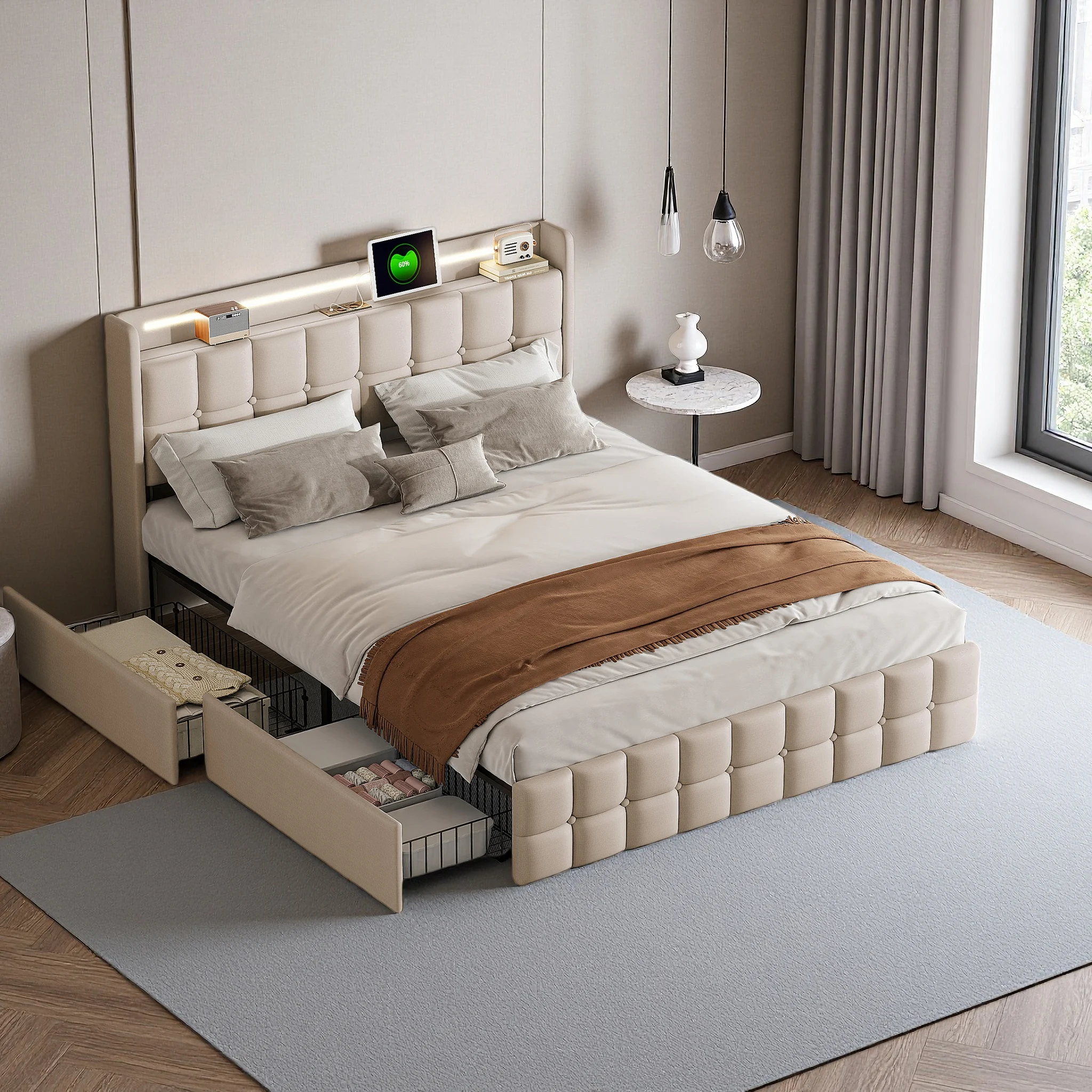 Anajqaqia 180x200cm Polsterbett mit 4 Schubladen, LED-Kopfteil mit USB-Ladefunktion, Doppelbett, Bettgestell mit Lattenrost, Leinen