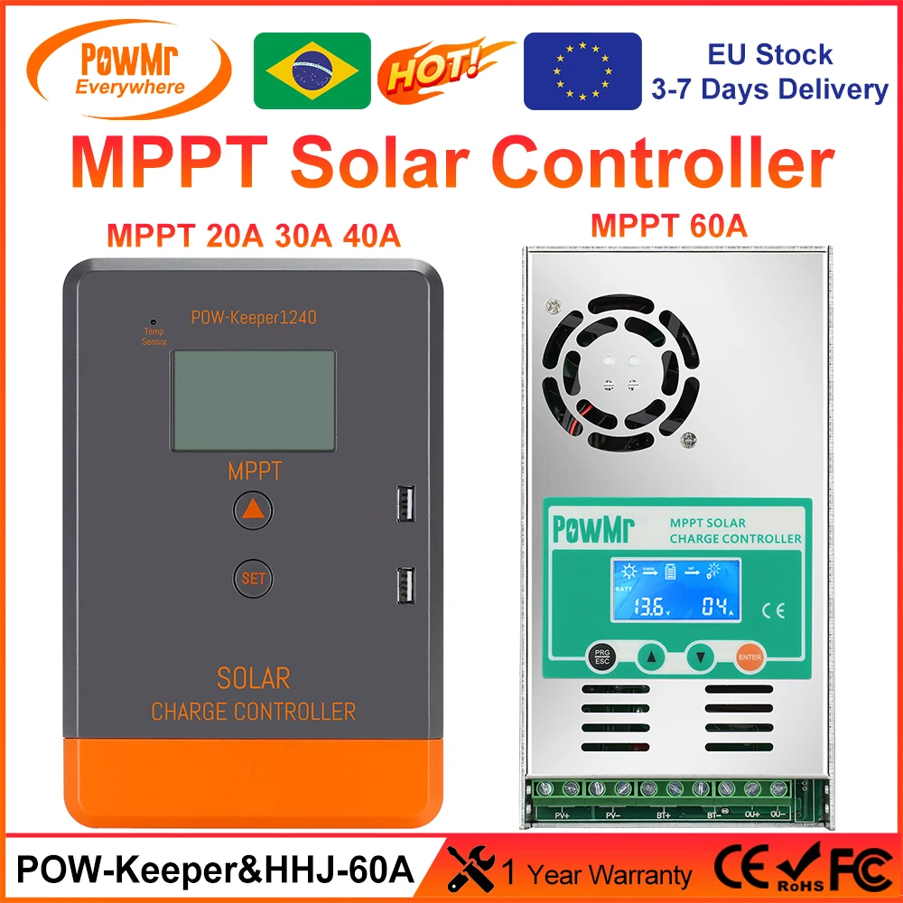 PowMr MPPT Solar Charge Controller 60A LCD Display 12V 24V 36V 48 Auto Solar Panel Battery Charge Regulator for Max 160VDC Input