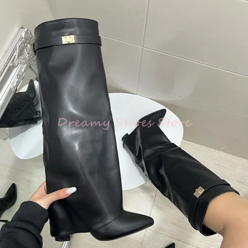 

Metal Buckle Pointed Chunky Heels Knee High Boots Women Black Suede Slip On Pants Boots Fashion Trendy Party Banquet Lady Shoes
