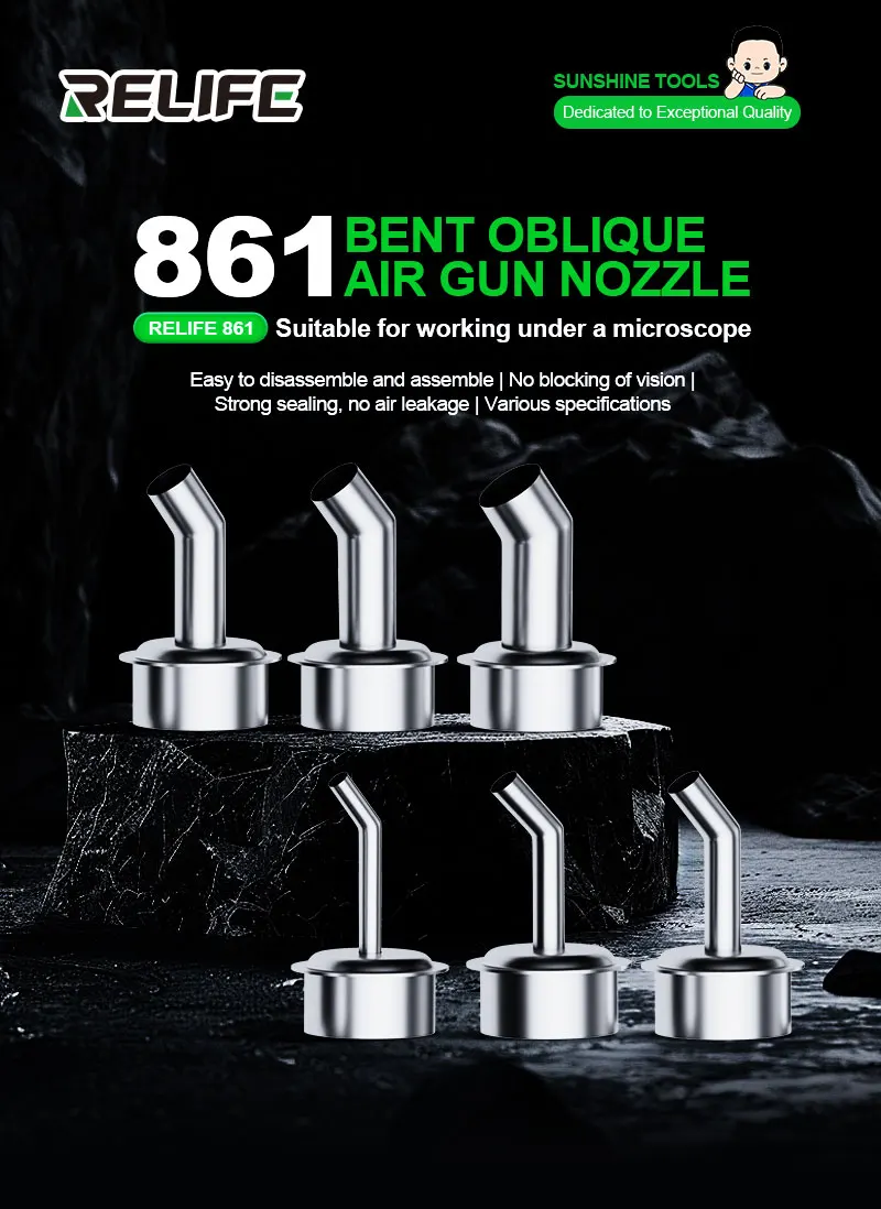 RELIFE 861 Series Curved Nozzles 4/5/6/8/12mm Bent Oblique Air Gun Nozzle 304 Stainless Steel for Working Under a Microscope