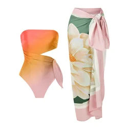 Conjunto de traje de baño rosa con estampado degradado para mujer, bañador Sexy de 3 piezas, traje de baño de lujo, Bourkini, 2023