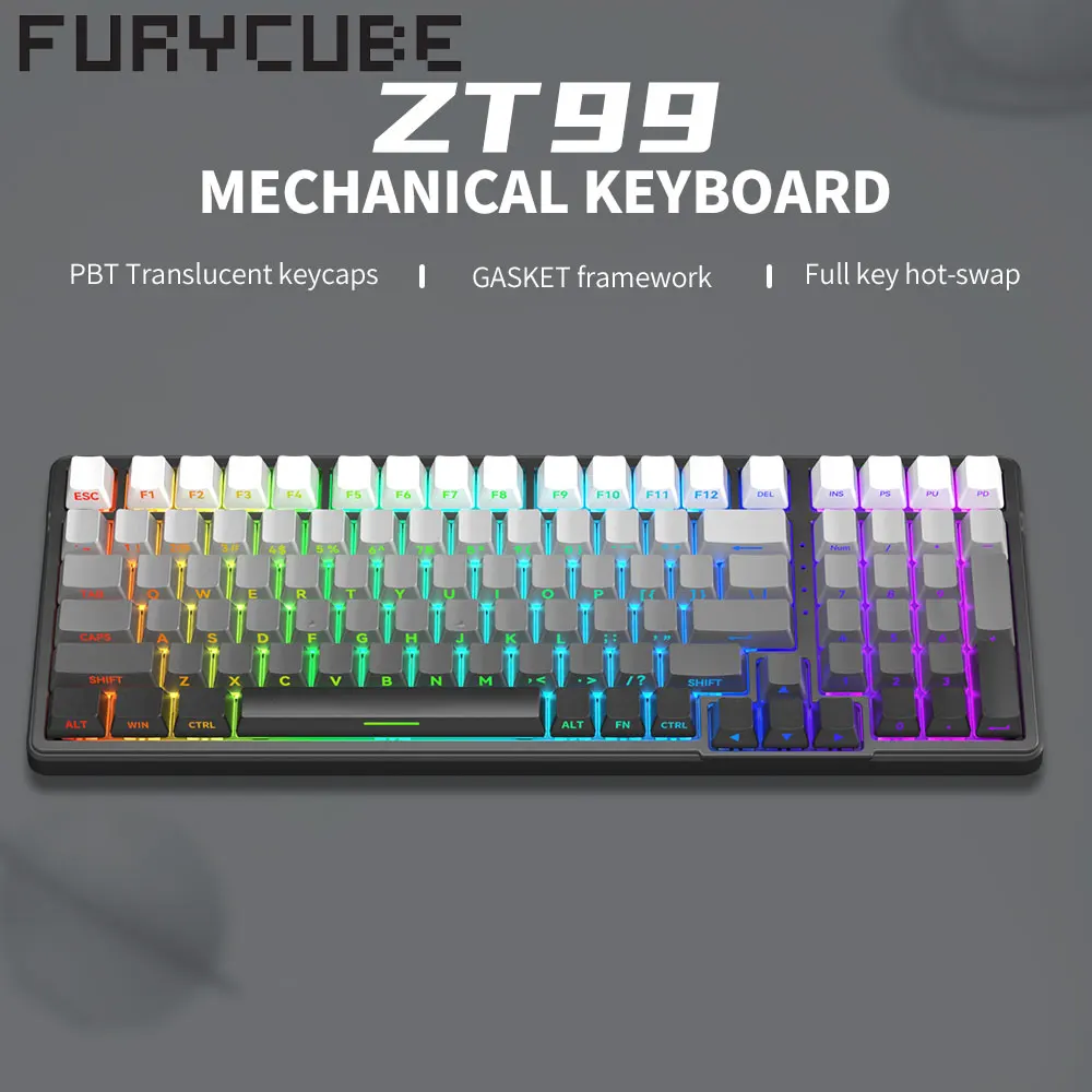 FURYCUBE ZT99 Wired Gradient Grey Side Engraved Mechanical Keyboard Hot Swappable RGB Light Effects