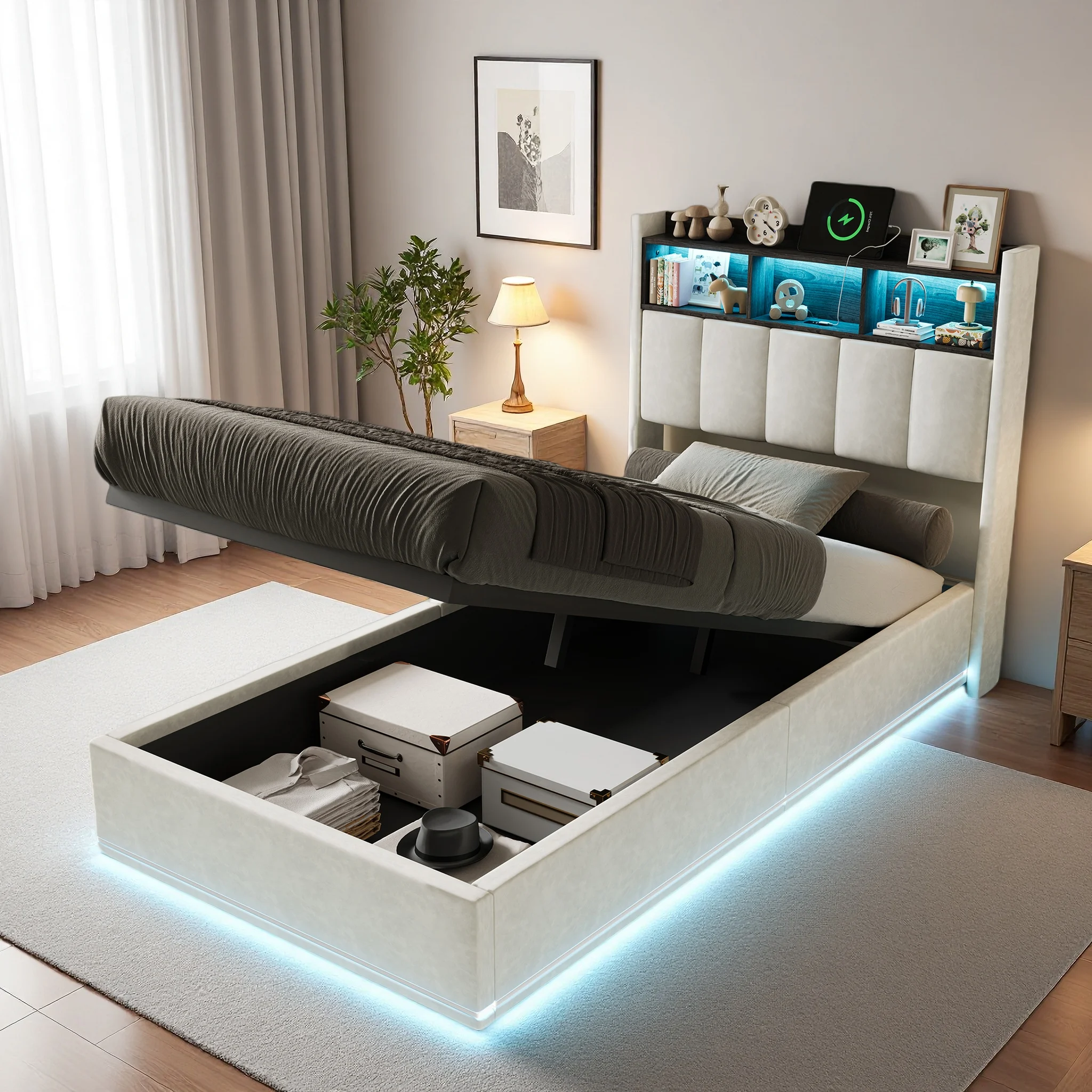 Polsterbett Einzelbett 90x200 cm, Jugendbett mit LED und USB C, Kinderbett Hydraulisches Bett mit Stauraum Kopfteil, Bettgestell mit Bettkasten und Lattenrost, Samt, ohne Matratze, Beige