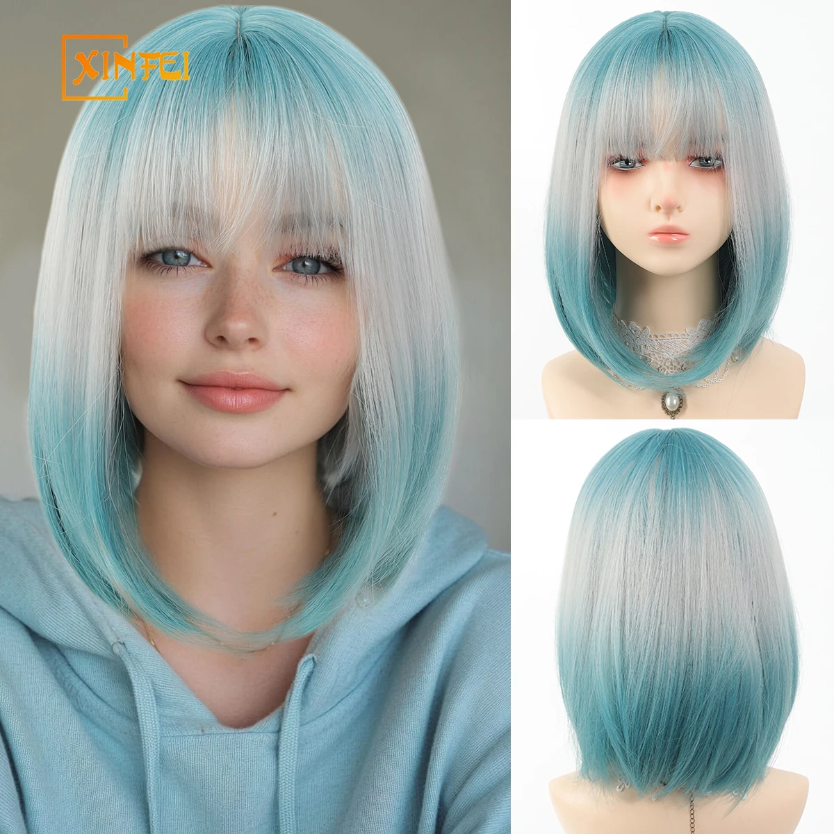 

Short Straight Synthetic Wigs for Women Blue to Wirte Ombre Bob Wigs with Bangs Daily Cosplay Party Heat Resistant Fake Hair
