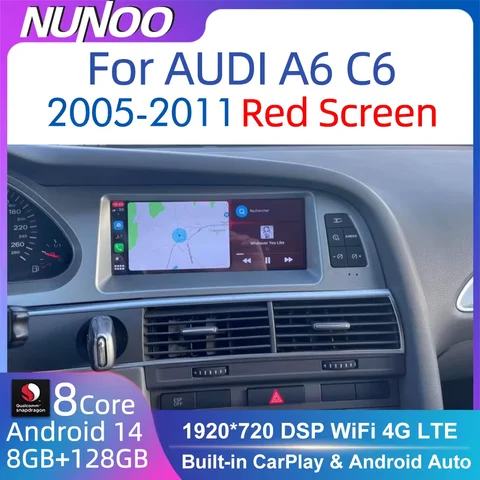 Nunoo 안드로이드 14 자동차 라디오 플레이어 아우디 A4 A5 A6 Q7 MMI 2G 기본 레드 스크린 CarPlay GPS 네비게이션 멀티미디어 스테레오 WiFi