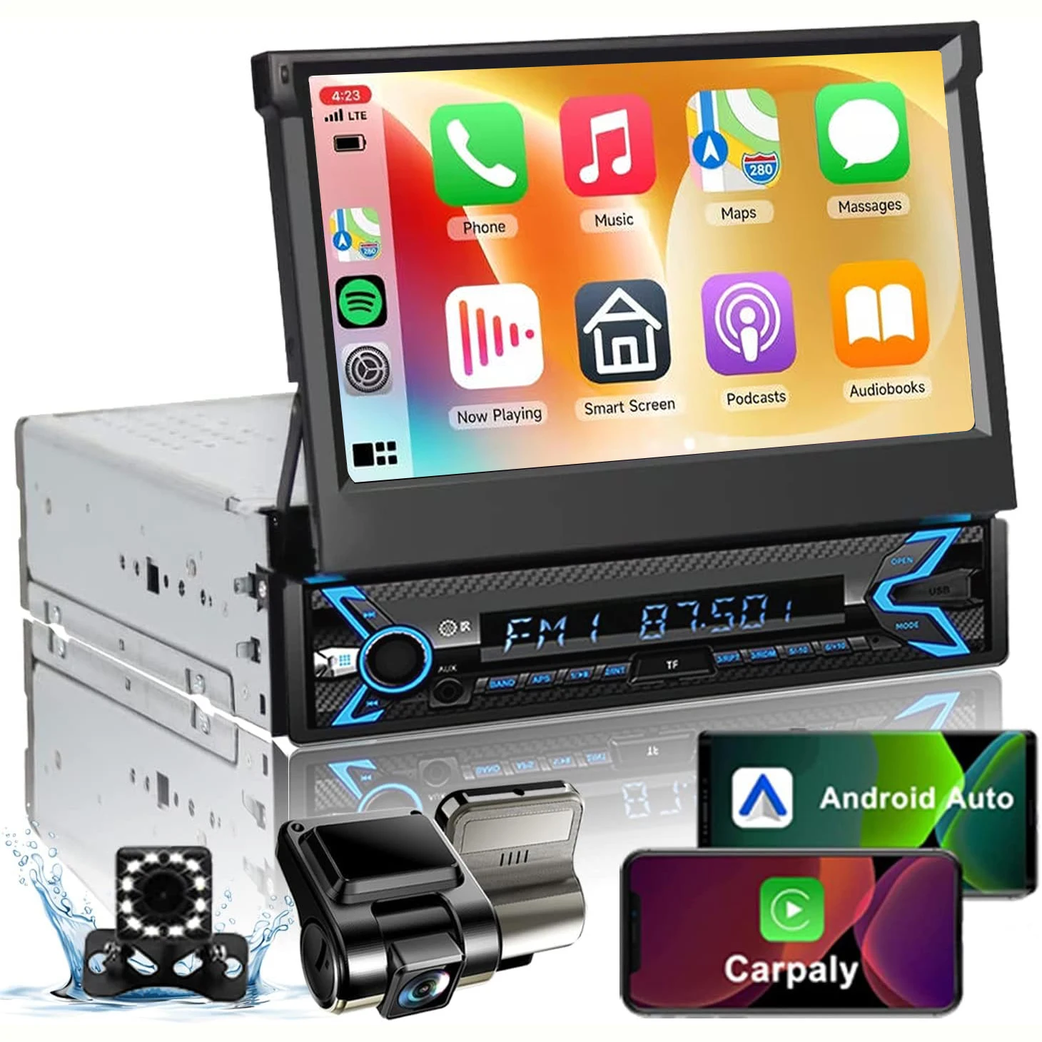 

7-дюймовая выдвижная автомобильная магнитола 1 DIN с HD сенсорным экраном, поддержкой CarPlay и Android Auto, видеорегистратором и камерой заднего вида, Bluetooth