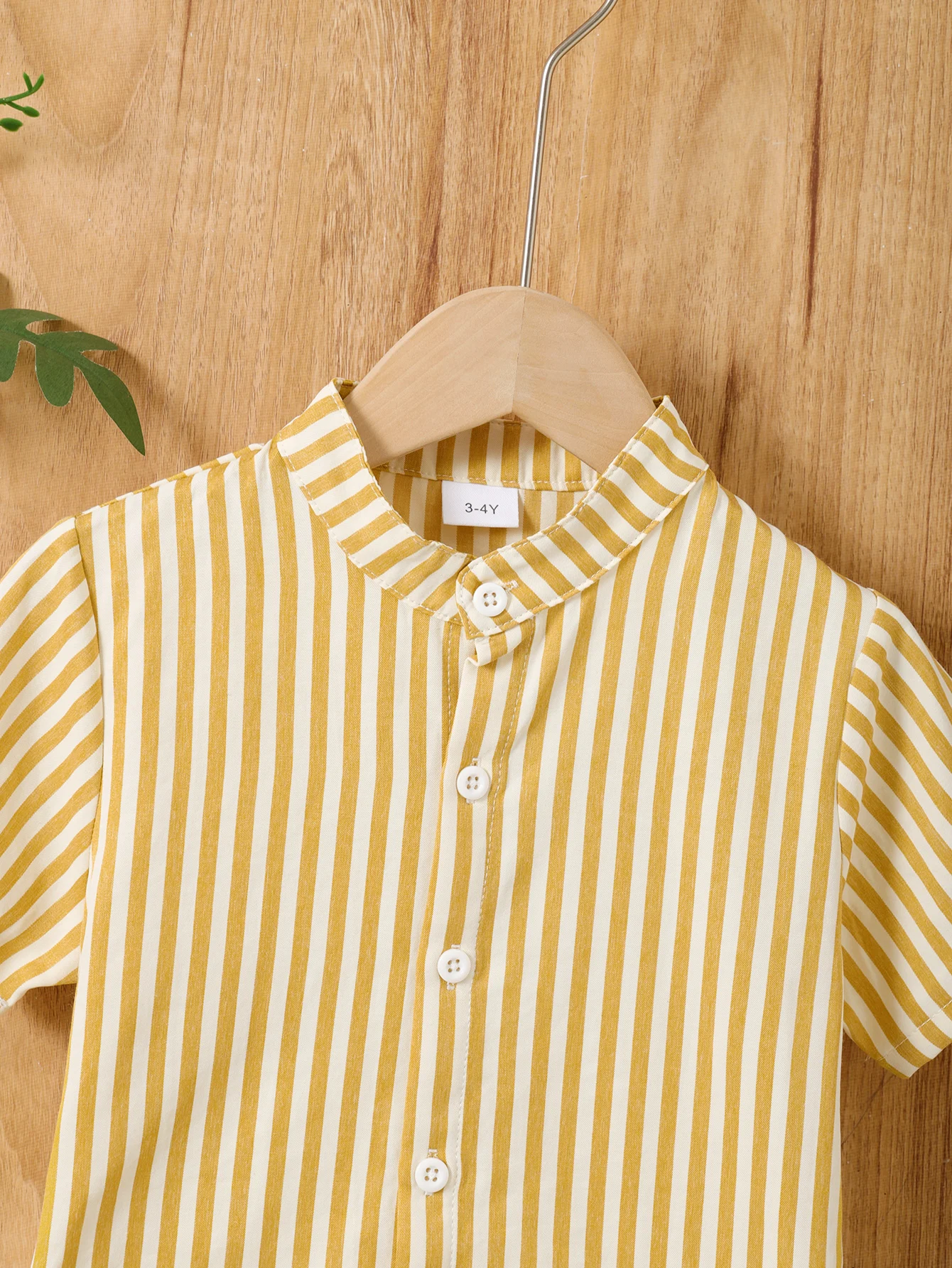 Young Boy Striped Stand Collar Short Sleeve Shirt And Shorts Set