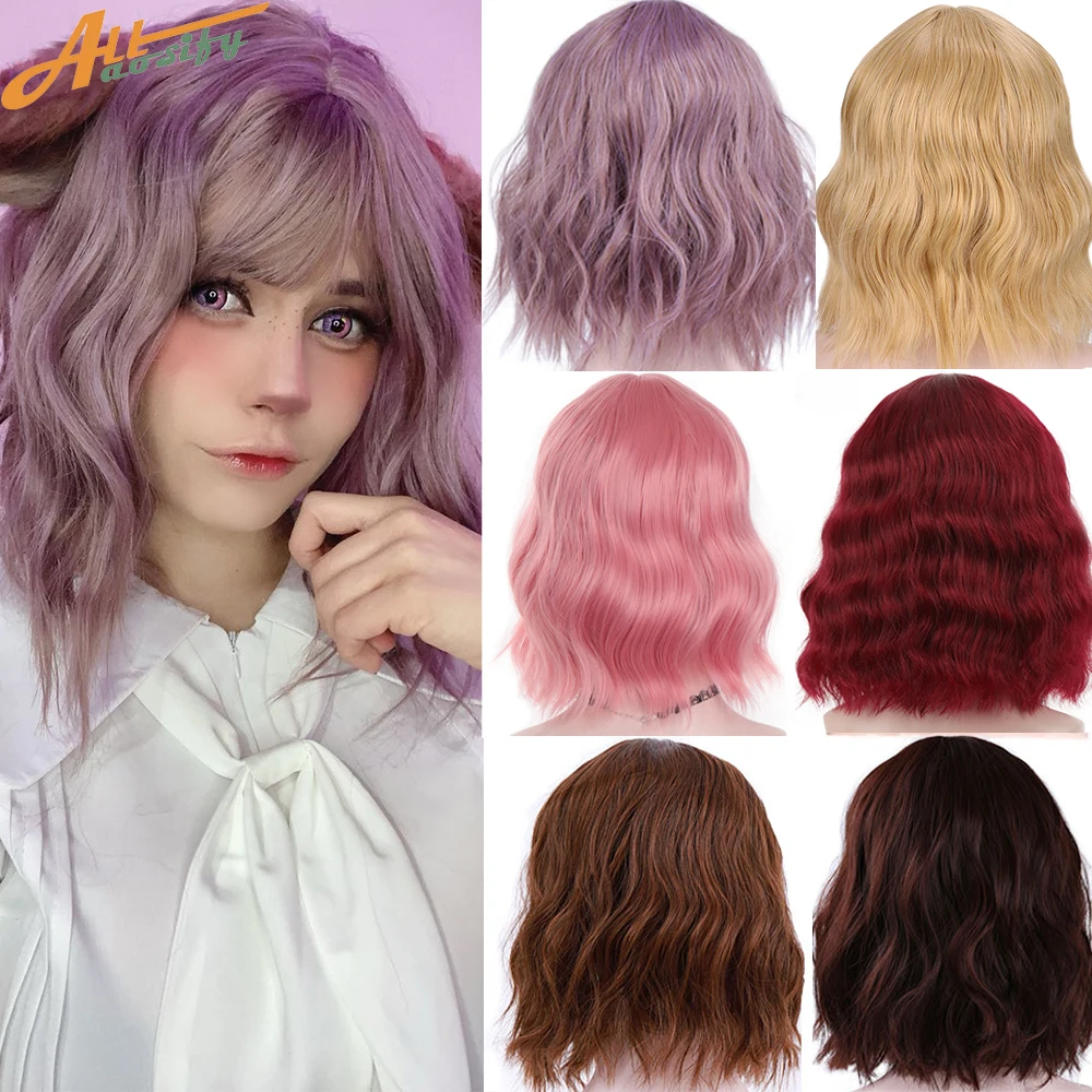 

Synthetic Short Wig With Bangs Allaosify Lolita Cosplay Anime Natural Black Pink Red Blonde Curly Hair Lolita Bob Wigs For Women