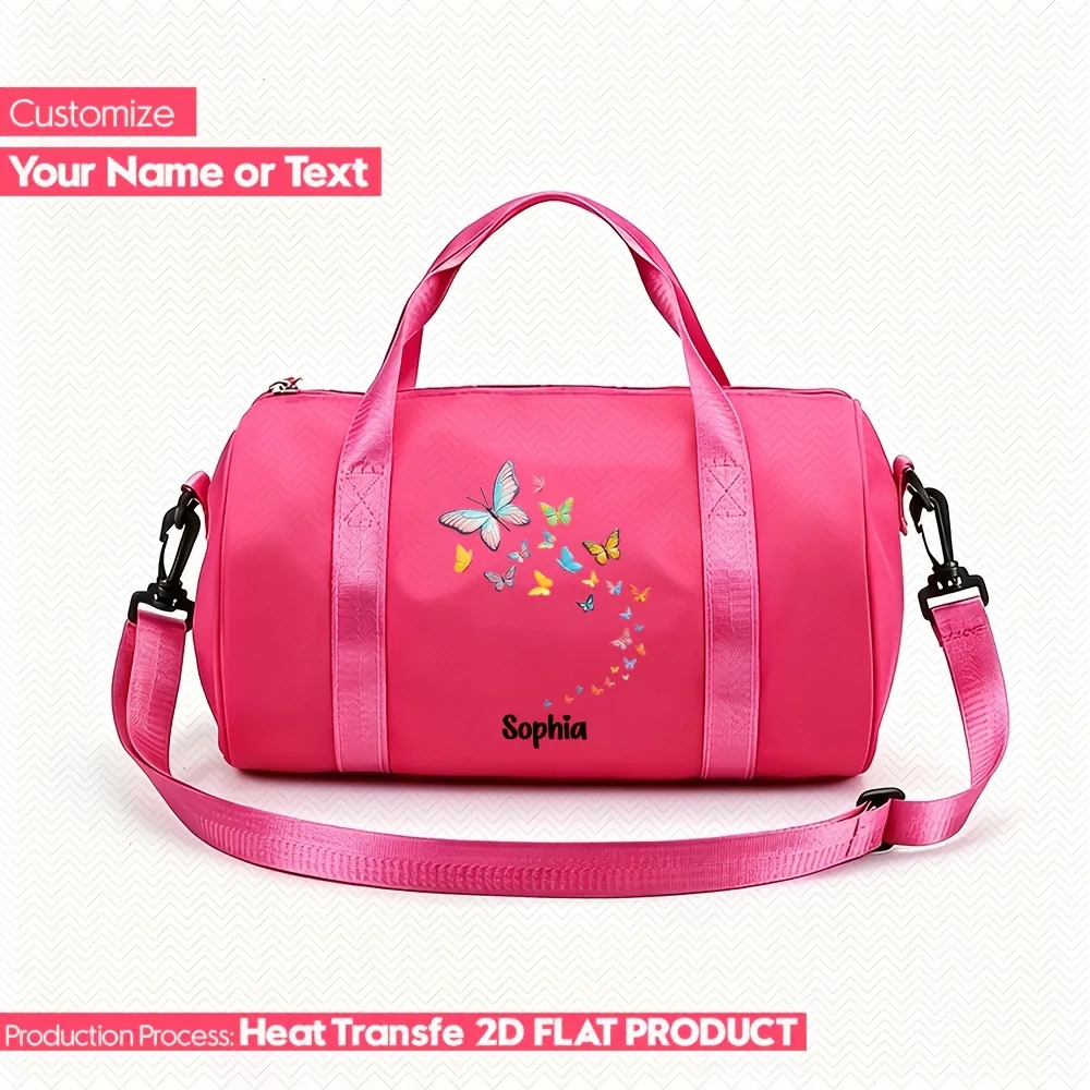 Custom Personalized Name Nylon Dance Bag, Preppy Style Gymnastics Duffel Bag with Adjustable Strap, Vibrant Butterfly Print