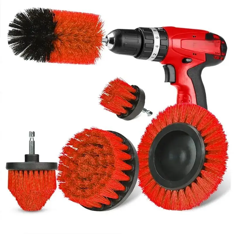 5pcs Red Drill Brush Electric Brush Set Kit Car Soft Brush Drill Kit Bathroom Kitchen Car Care Cleaning Tools