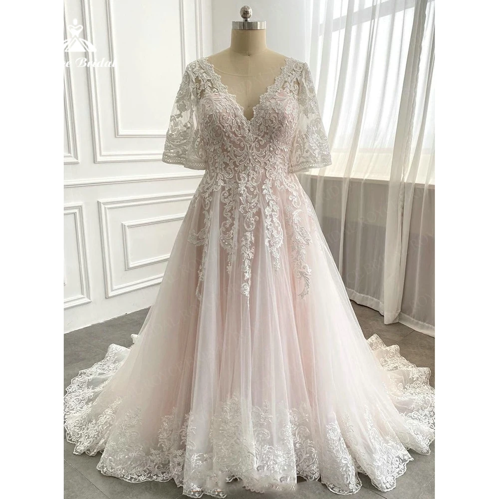 Pink A Line Wedding Dress 2023 Short Sleeve Mordern Appliqus V Neck Boho Bridal Dress Backless Bride Grown Party Dress