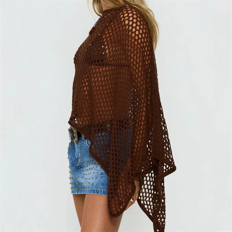 Women's Sexy Hollow Knit Top Vest Shawl Blouse Summer Bikini Cover Up Boho Beach Sexy Fishnet Crochet Swimsuit Sunscreen Cape