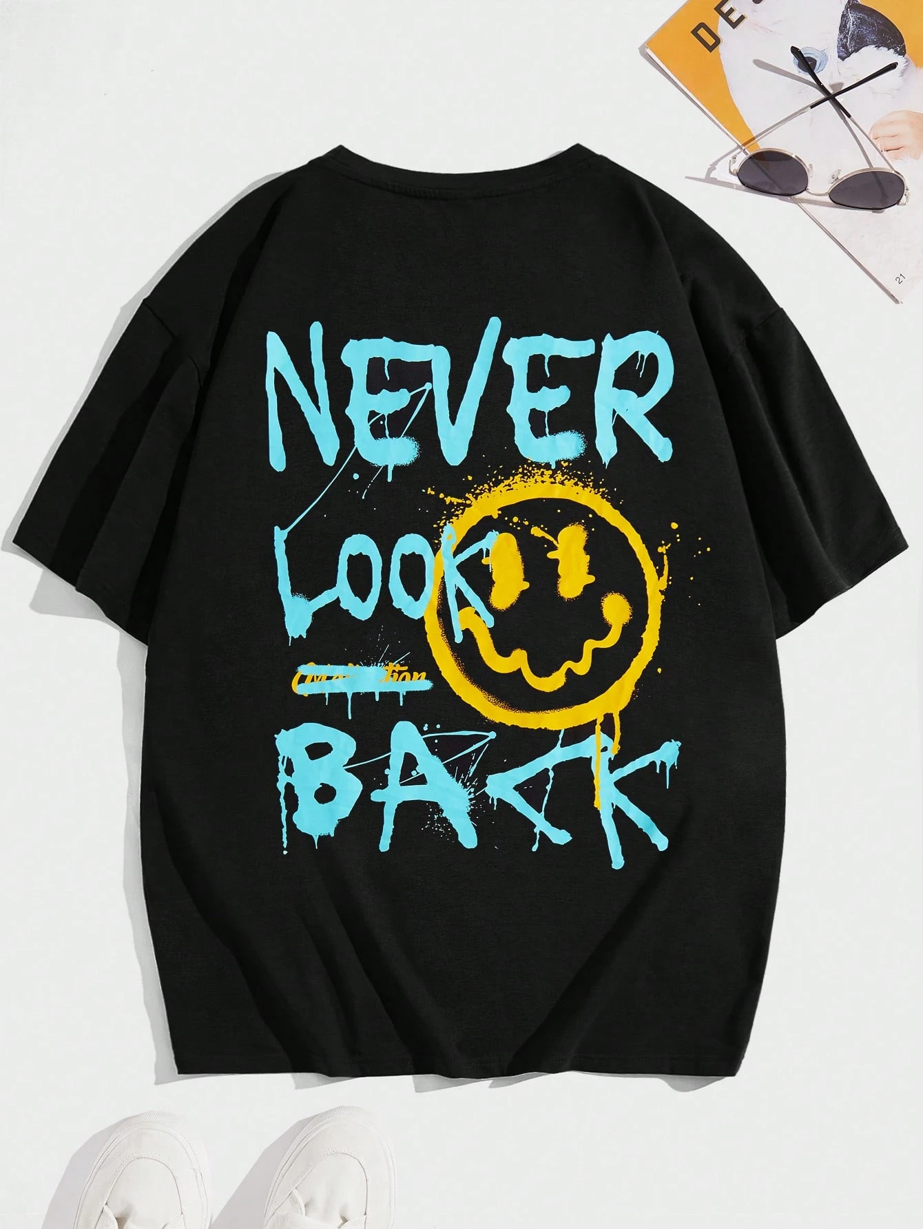 Men T-Shirts Baggy Crew Neck Drop Shoulder Short Sleeve Graphic Tee Smile Face Funny Street Summer