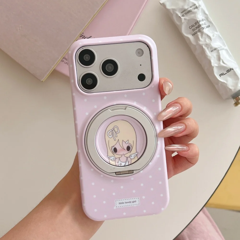 

Korean INS Cute Angel Girl Polka Dot Phone Case For iPhone 17 Pro 15 16 17 Pro Max 15 Pro Pink With Magnetic Rotating Stand Case