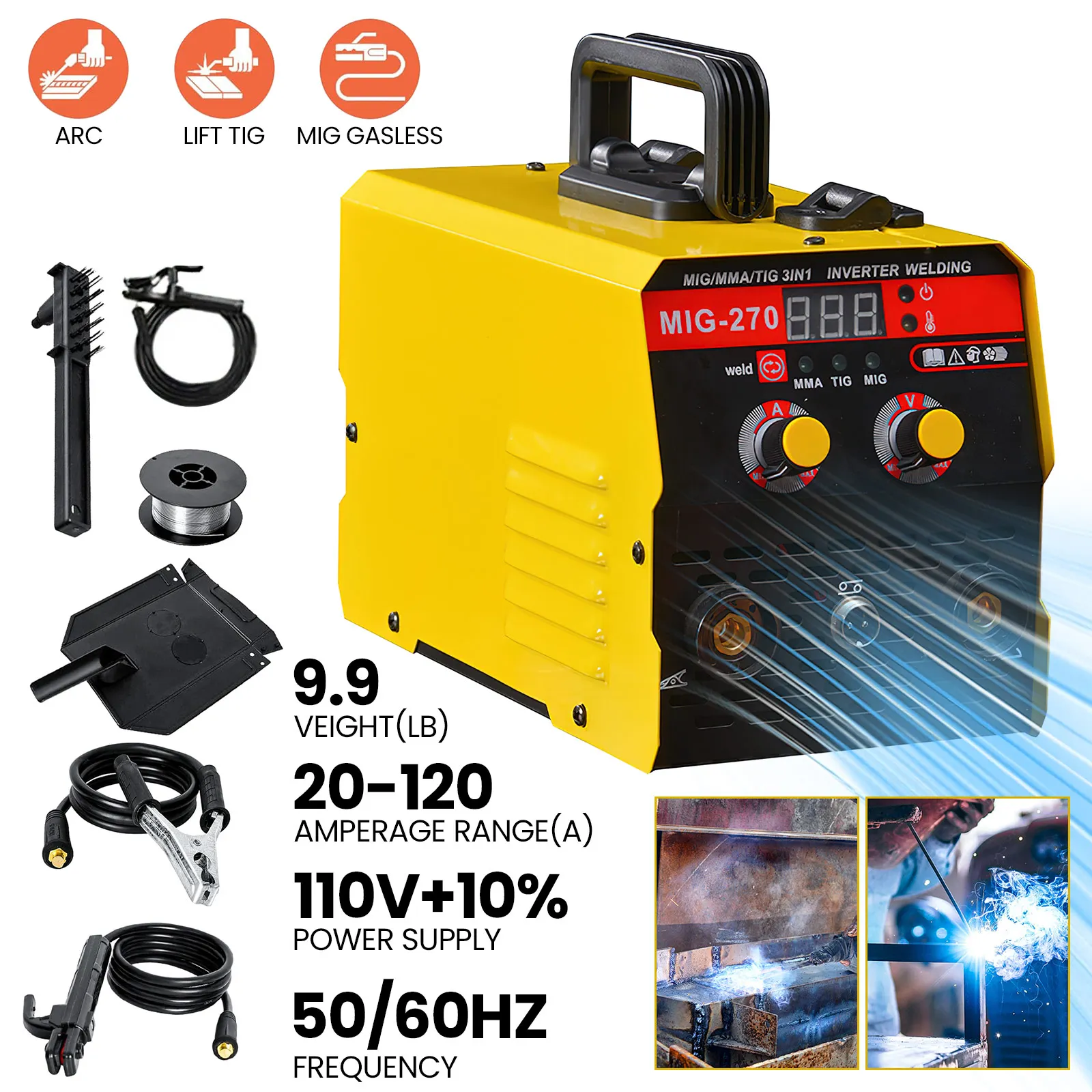 Zgrzewarka MIG MMA z przetwornicą IGBT, 220 V, przenośna, 2 w 1 lub 3 w 1, z cyfrowym wyświetlaczem LED, regulowanym prądem, obudowa metalowa, przeznaczona do spawania stali węglowej.