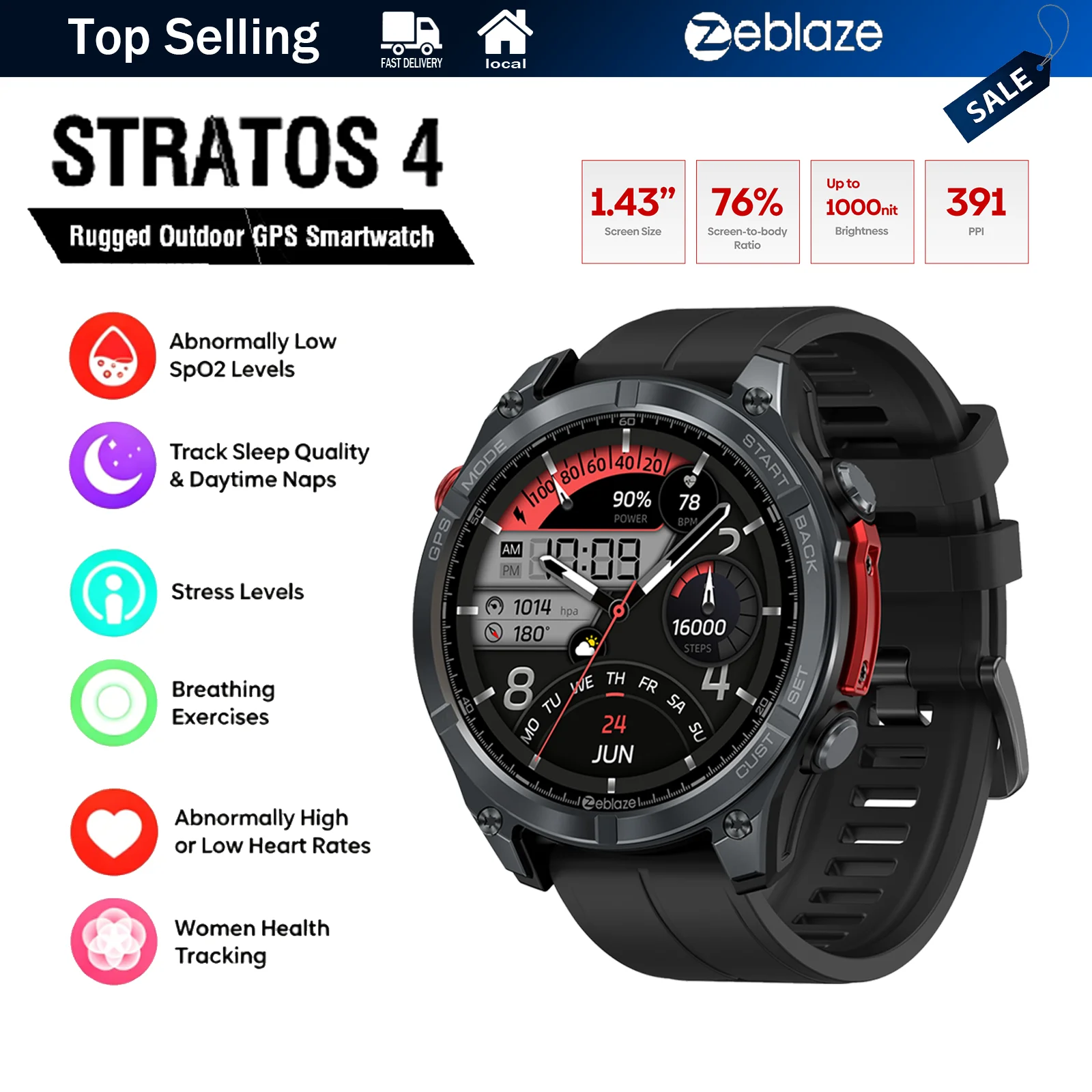 Montre connectée GPS Zeblaze Stratos 4 avec écran AMOLED de 1,43 pouces, boussole, altimètre, appels vocaux, étanche 5ATM, tracker de fitness, noir