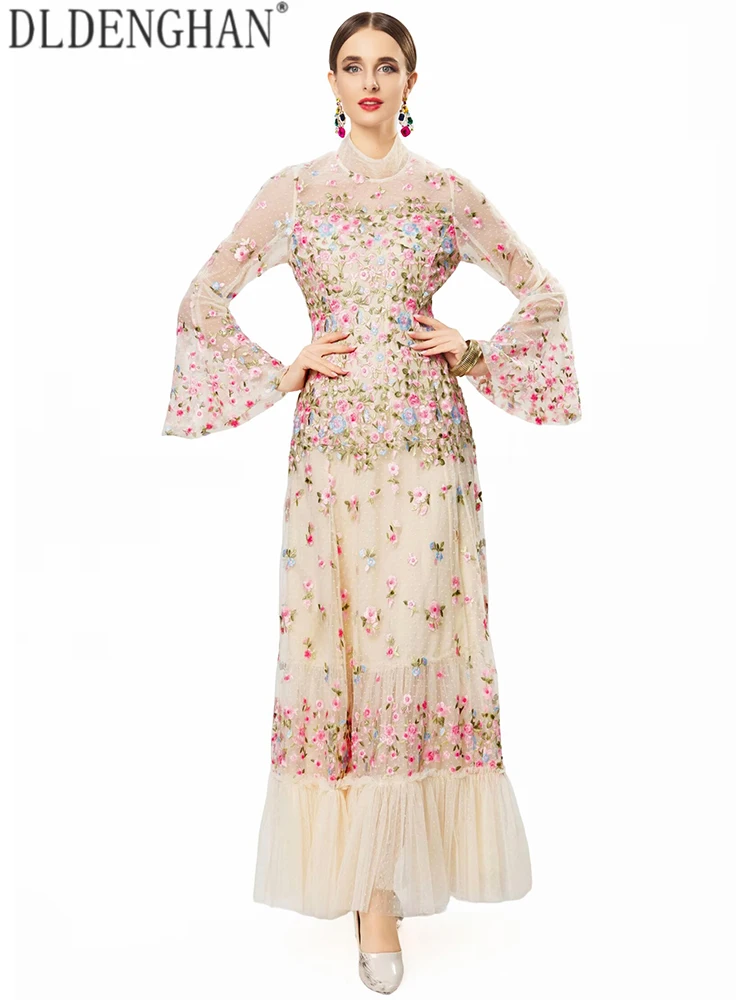 

DLDENGHAN Women O-Neck Flare Sleeves Embroidery Sheer Spring Summer Vintage Mesh Big pendulum Maxi Dresses