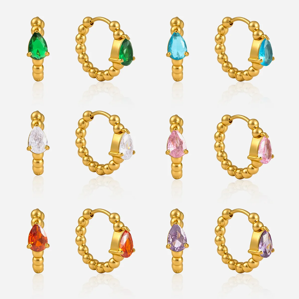 Stainless Steel Beaded Huggie Hoop Earrings for Women Chic 18K Gold Platd Colorful Zircon Geometric Earring Chic Jewelry