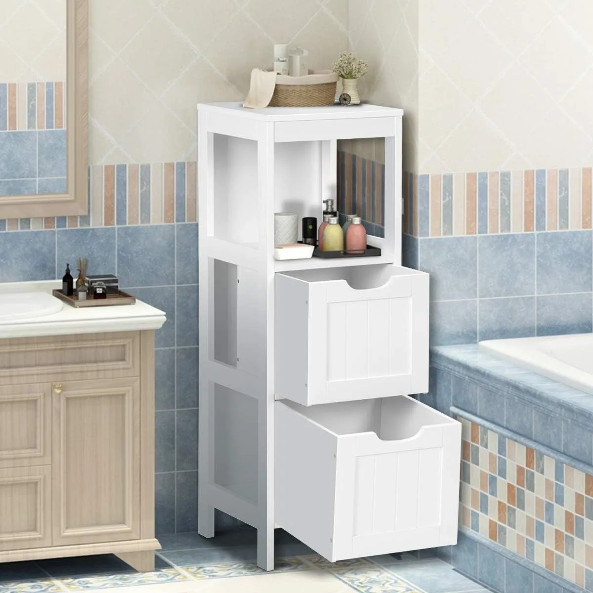 

Bathroom Floor Cabinet, Wooden Side Storage Cabinet with Open Shelf and Two Drawers, Perfect for Bathroom, Living Room, K