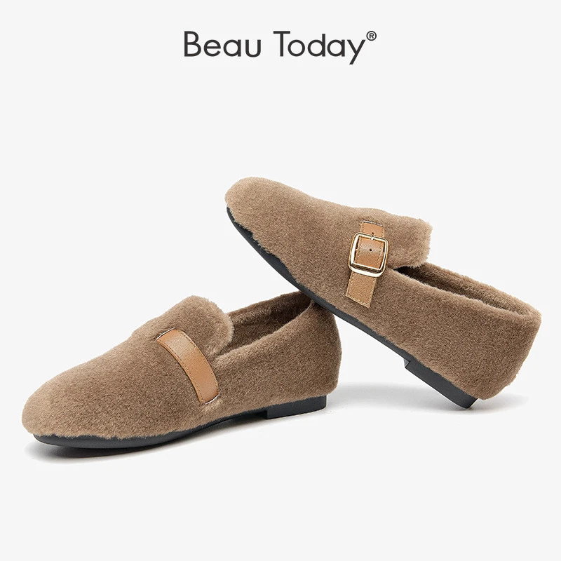 

BeauToday Winter Loafers Warm Textile Wool Metal Duckle Shallow Round Toe Slip-on Style Comfortable Flats Handmade B27842