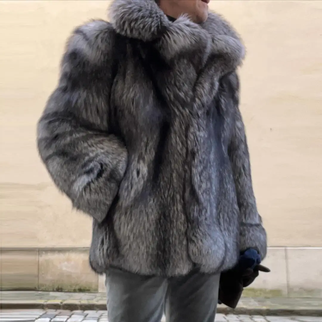 Mid-length Real Silver Fox Fur Jacket with Big Turn-down Collar Wholeskin Genuine Fox Fur Coats Natural Men Fur Overcoat Winter