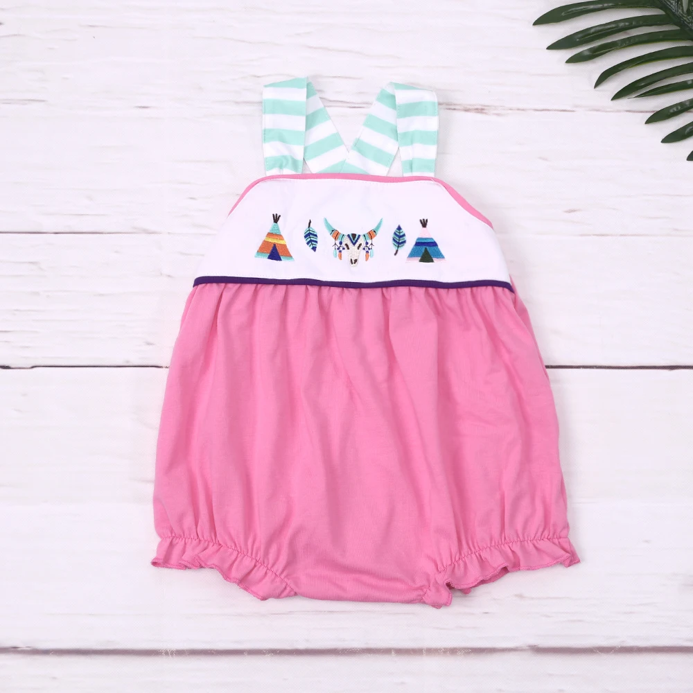 2023 Fashion New Summer Green Stripe Sleeveless Baby Girl Jumpsuit Cow Embroidery Pink Bodysuit  One-Piece Clothes