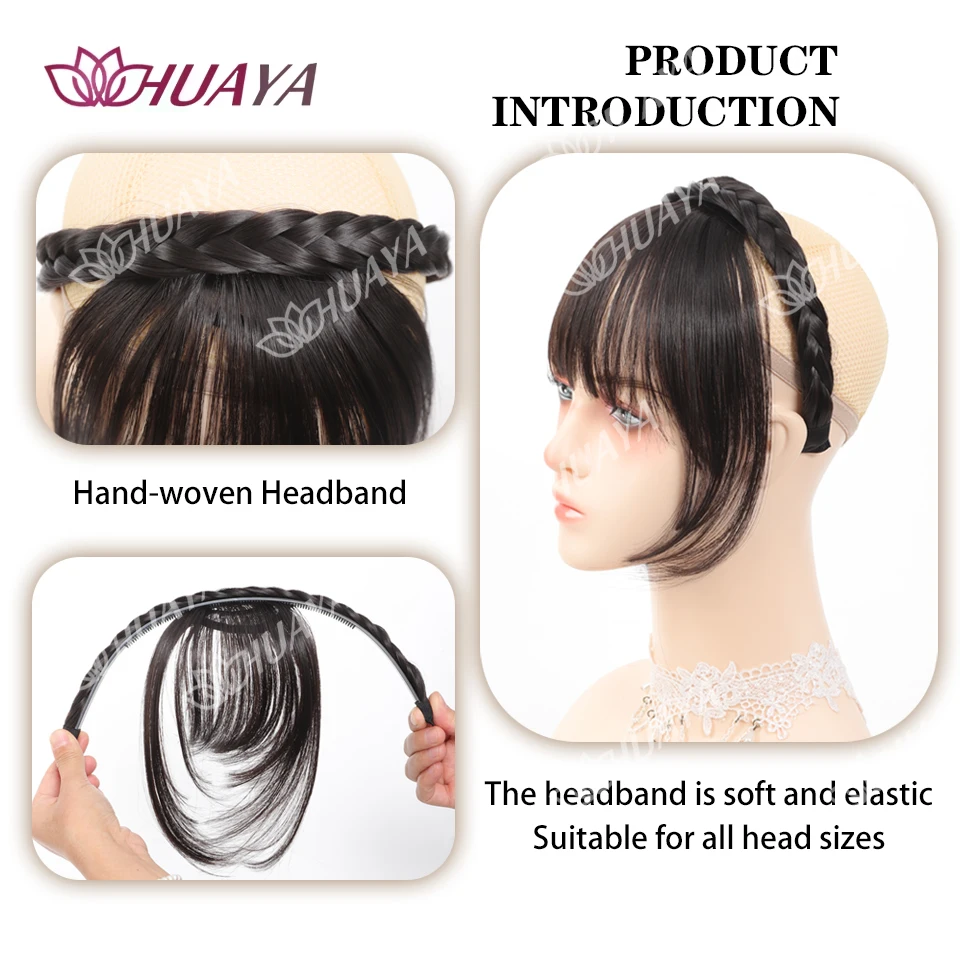 Synthetic Headband Bangs Extension Fake Hair Blunt Fringe  Long Sides For Women Natural Flase Black Brown Braided Headband Bang