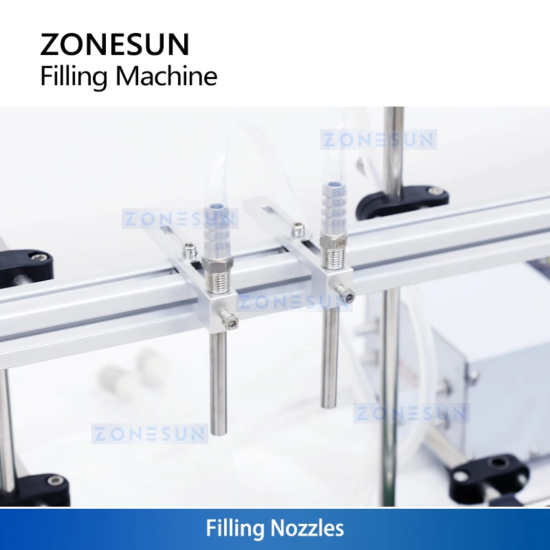 ZONESUN Auto 2-head Liquid Filler with 1.2m Belt Conveyor Heat Resistant Bottle Filler for Water Beverage Coffee ZS-DPYT200L