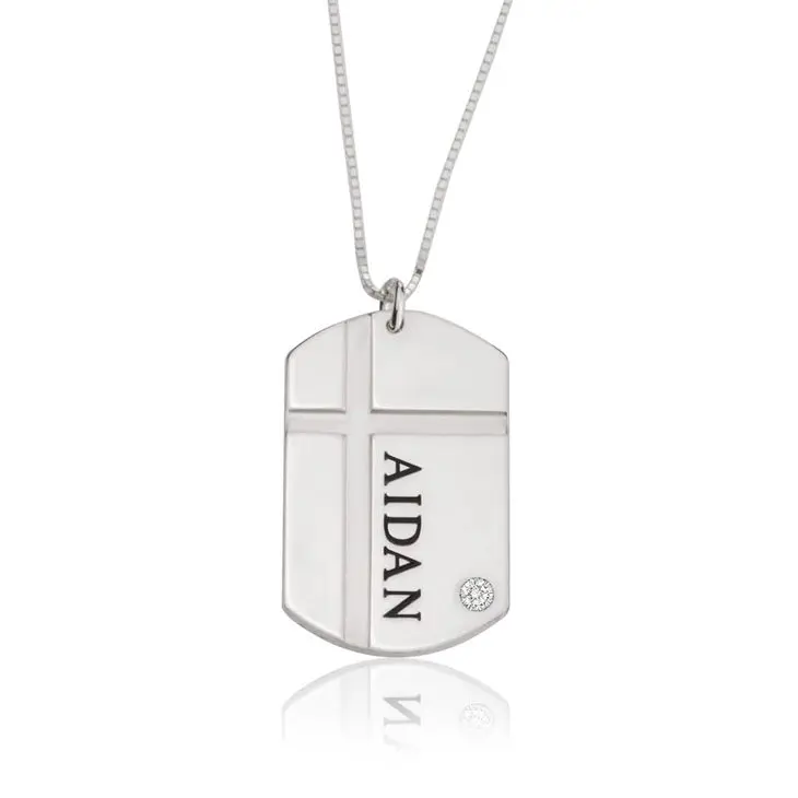 Personalized Men's Cross Dog Tag Necklace with Cubic Zirconia Stainless Steel Custom Engraved Name Jewelry Unique Gift for Him